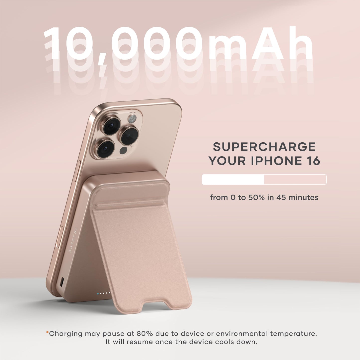 Satechi OntheGo Power Bank, Qi2 Power Bank 10000mAh, 15W Fast Charging, Portable Battery Pack with Stand for iPhone 17 to 12 Series, Android – Desert Rose