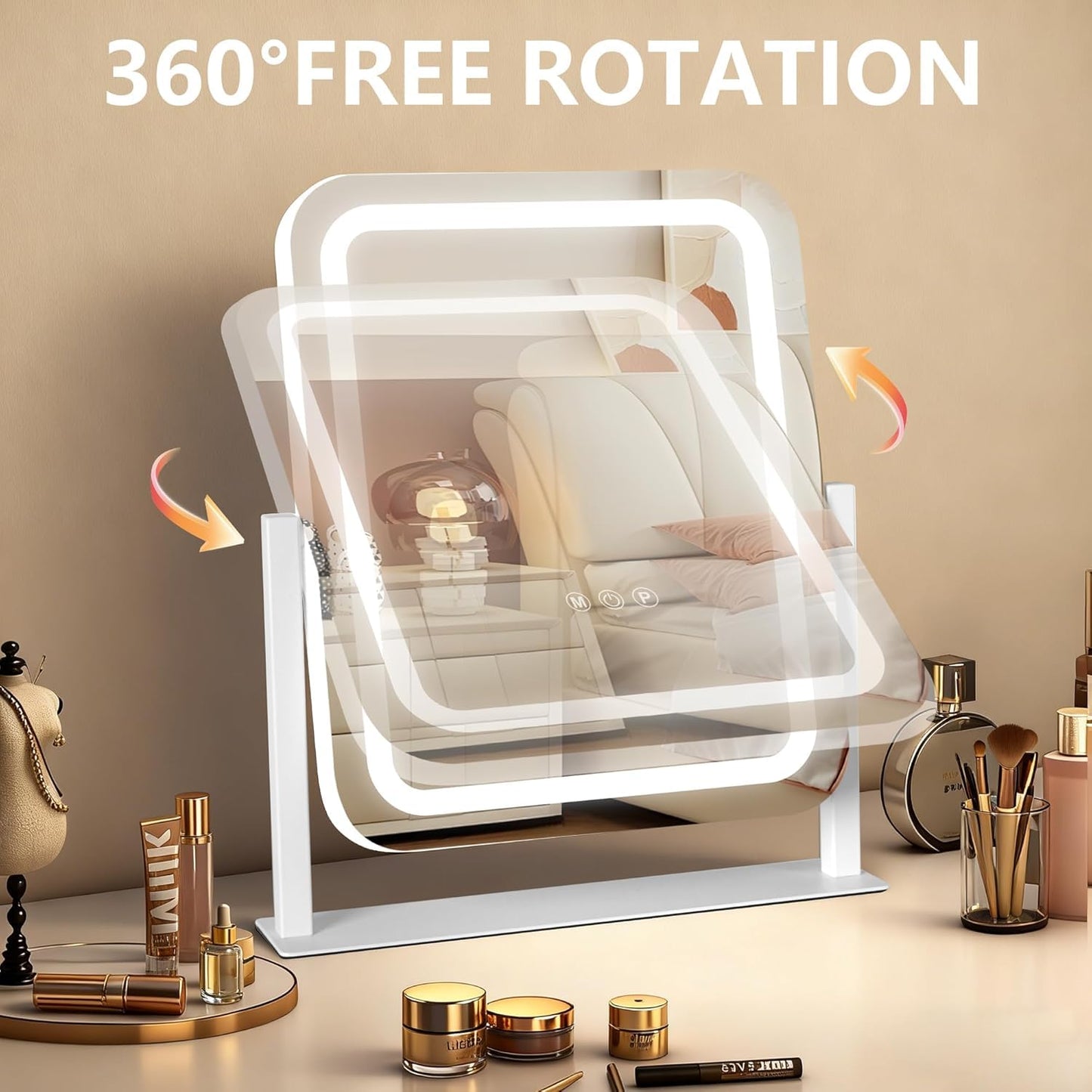 Ratsamee 13" x 15" Vanity Mirror with Lights, Led Makeup Mirror, Lighted Makeup Mirror with 3 Color Dimmable Lights, Smart Touch Screen Control, Smart Touch Screen Control, 360°Rotation