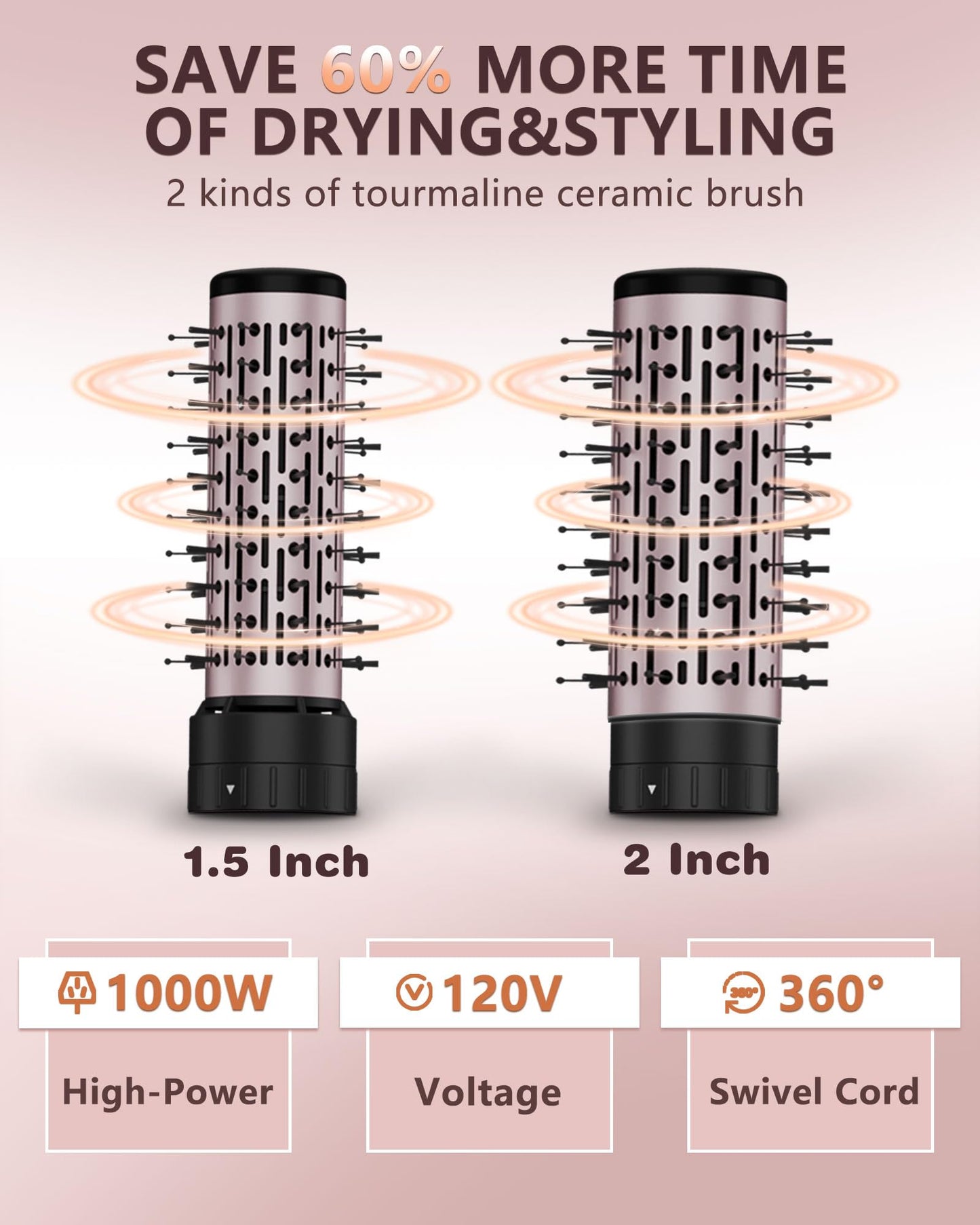 4-in-1 Rotating Hair Dryer Brush Spinning, 3 Setting Modes with Rapid Cooling Button, Hair Brush Blow Dryer with 2 Detachable Brush(1.5"& 2")