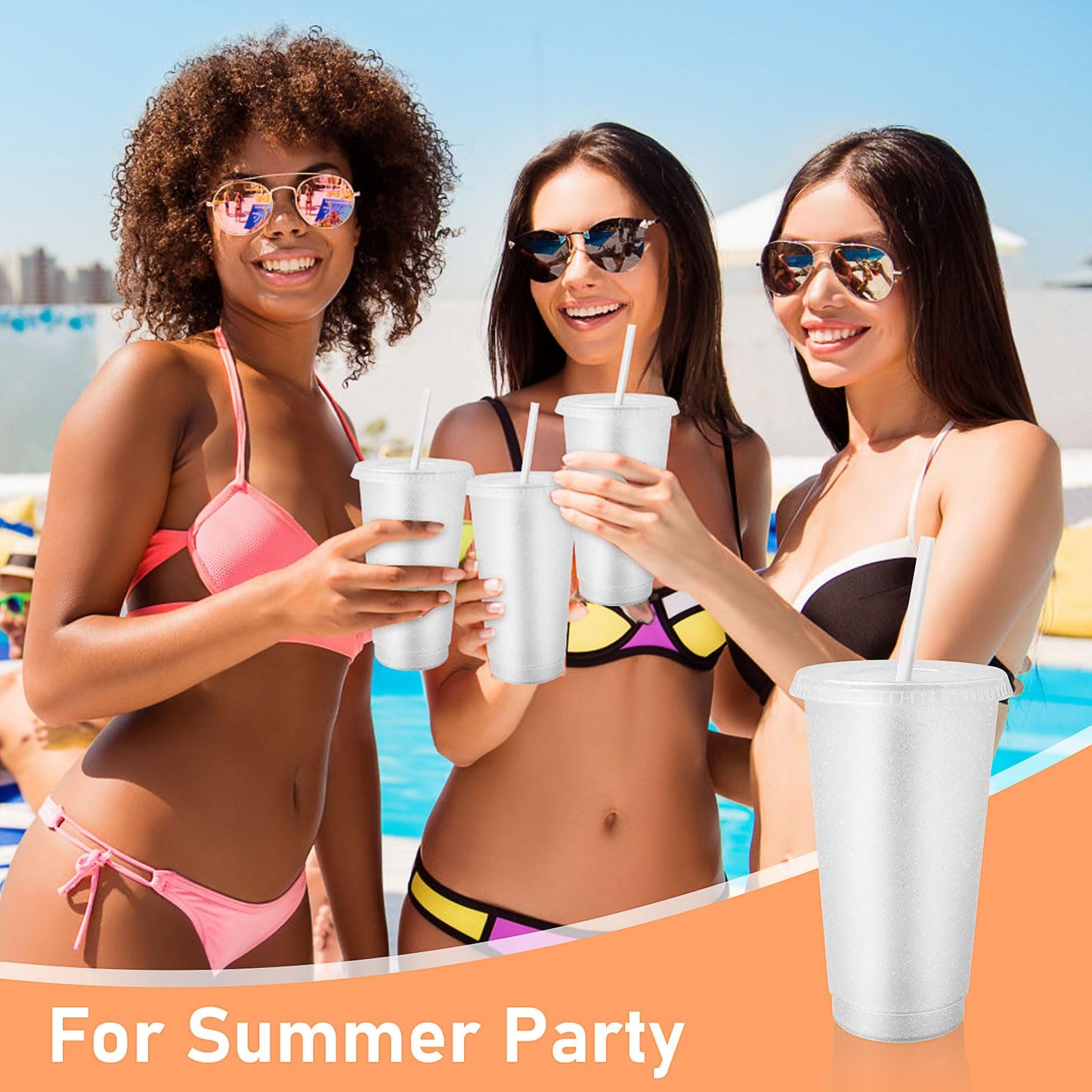 24 Pcs Plastic Glitter Cups with Lids and Straws,24 oz Reusable Tumbler Bulk Water Bottle Iced Coffee Cup Travel Mug for Smoothie Juices Birthday Party Supplies (White)