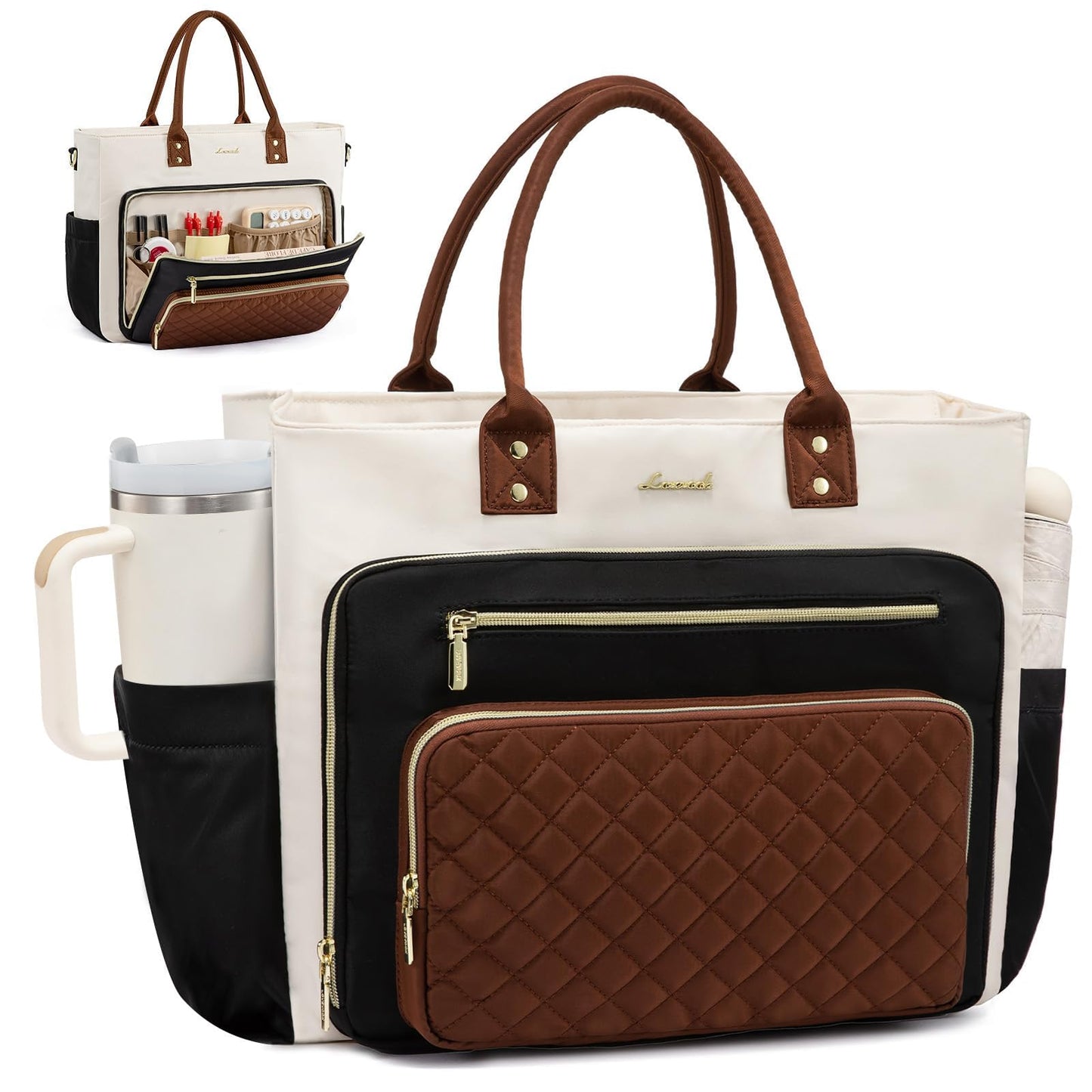 LOVEVOOK Teacher Tote Bag for Women Work, Laptop Bag With Large Cup Holder, Nurse Bags Professional Briefcase Business Computer Purses Handbag, Black-Beige-Brown, 15.6 Inch