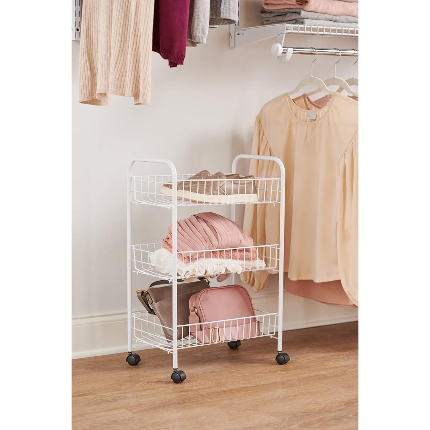 Rubbermaid 3-Tier Shelving Wheeled Organizer, Wire Adjustable Metal Storage Cart, for Office/Kitchen/Bedroom/Laundry Home Use, White