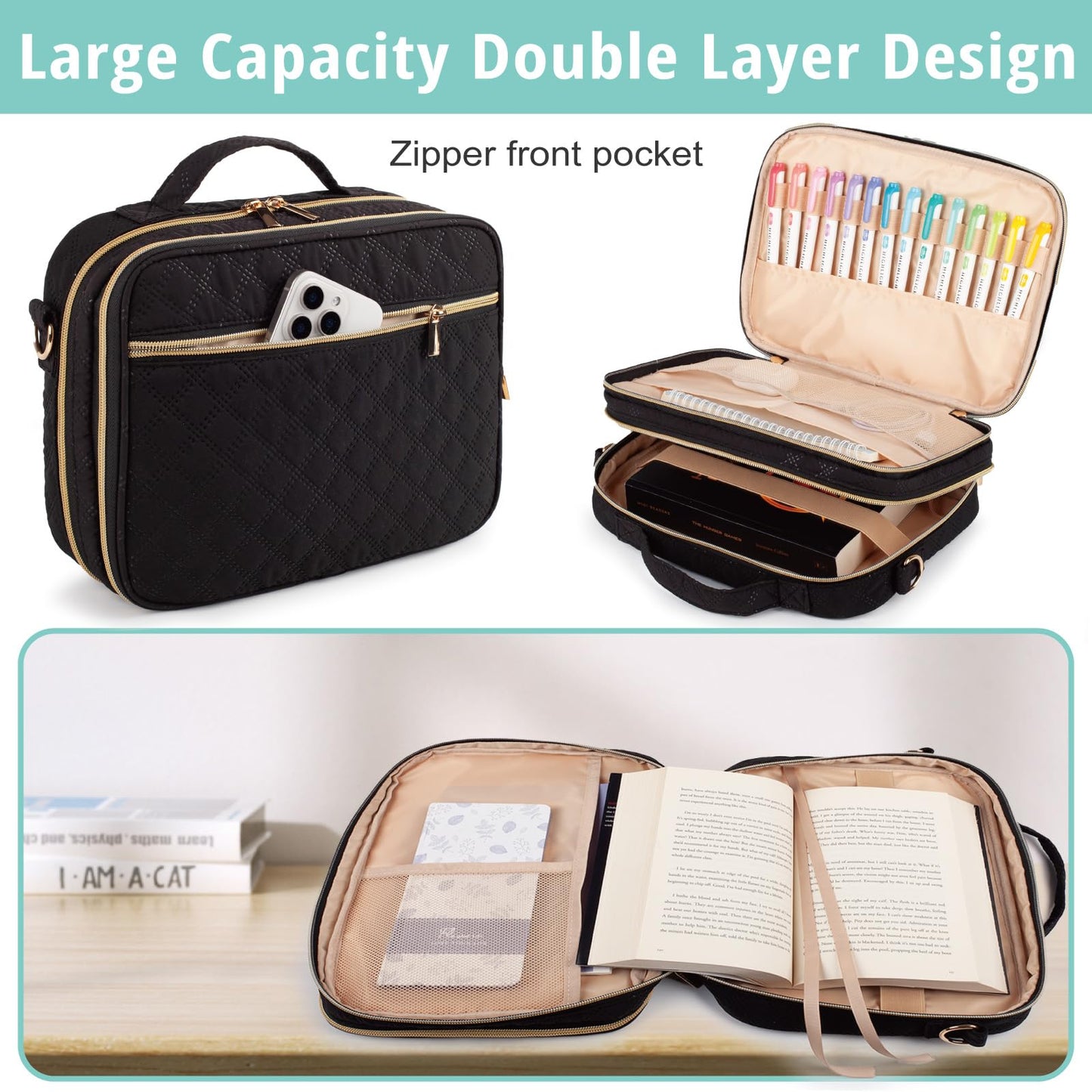 2 Layers Bible Cover for Women, Large Case With Handles and Shoulder Strap, Carrying Bag With Pocket, Scripture Protective Church Bag
