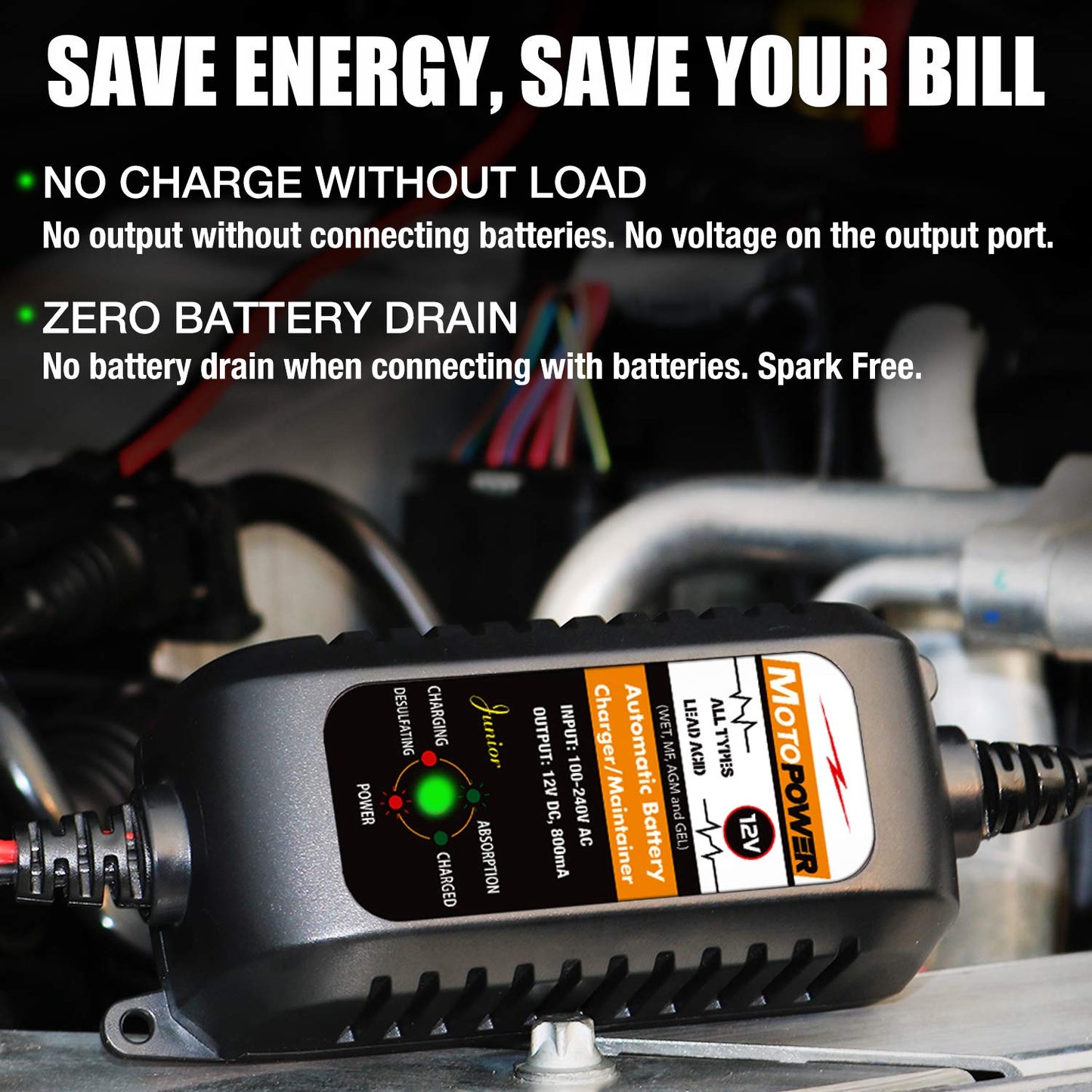 MOTOPOWER MP00205A 12V 800mA Fully Automatic Battery Charger/Maintainer for Cars, Motorcycles, ATVs, RVs, Powersports, Boat and More. 2-Pack