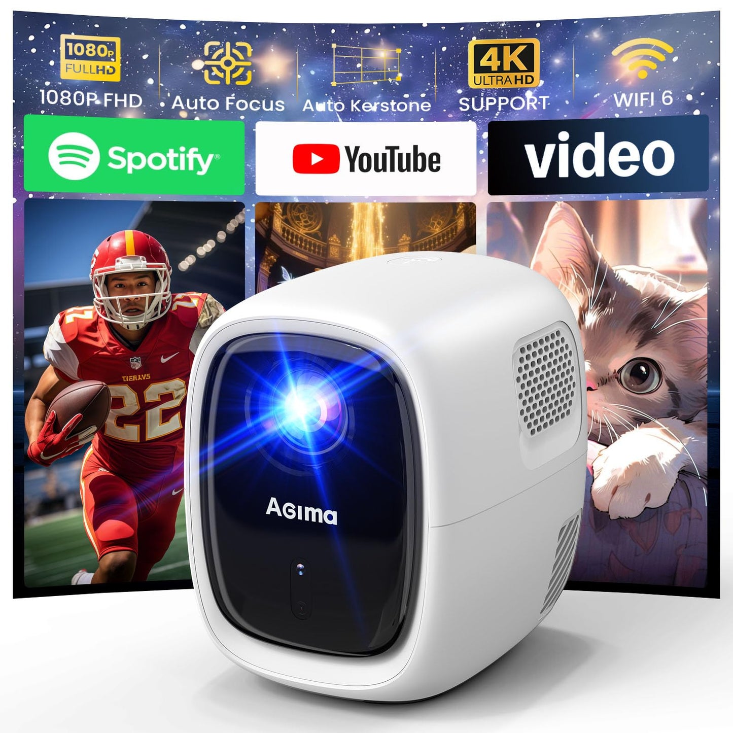 [Auto Focus/Built-in Apps] Mini Projector with WiFi and Bluetooth 4K 1080P Native Projector with Apps and Android TV OS, Auto Correction, Stereo Speaker, Black Portable Projector, White