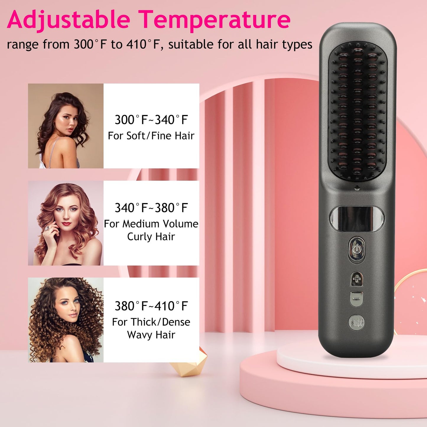 Cordless Hair Straightener Brush, Portable Ionic Hot Comb Straightener, 9 Levels of Intelligent Temperature Control, Mini Straightening Brush for Travel (Black)