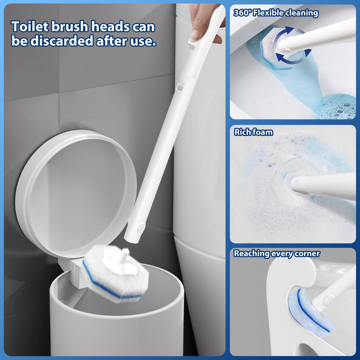 2 Pack Disposable Toilet Brush Set with 60 Refills, Wall-mounted Toilet Bowl Wand Kit-2 Extend Toliet Wand, 2 Storage Holder&60 Disposable Refill Pre-Filled Cleaning Solution for Deep Cleaning Toilet.