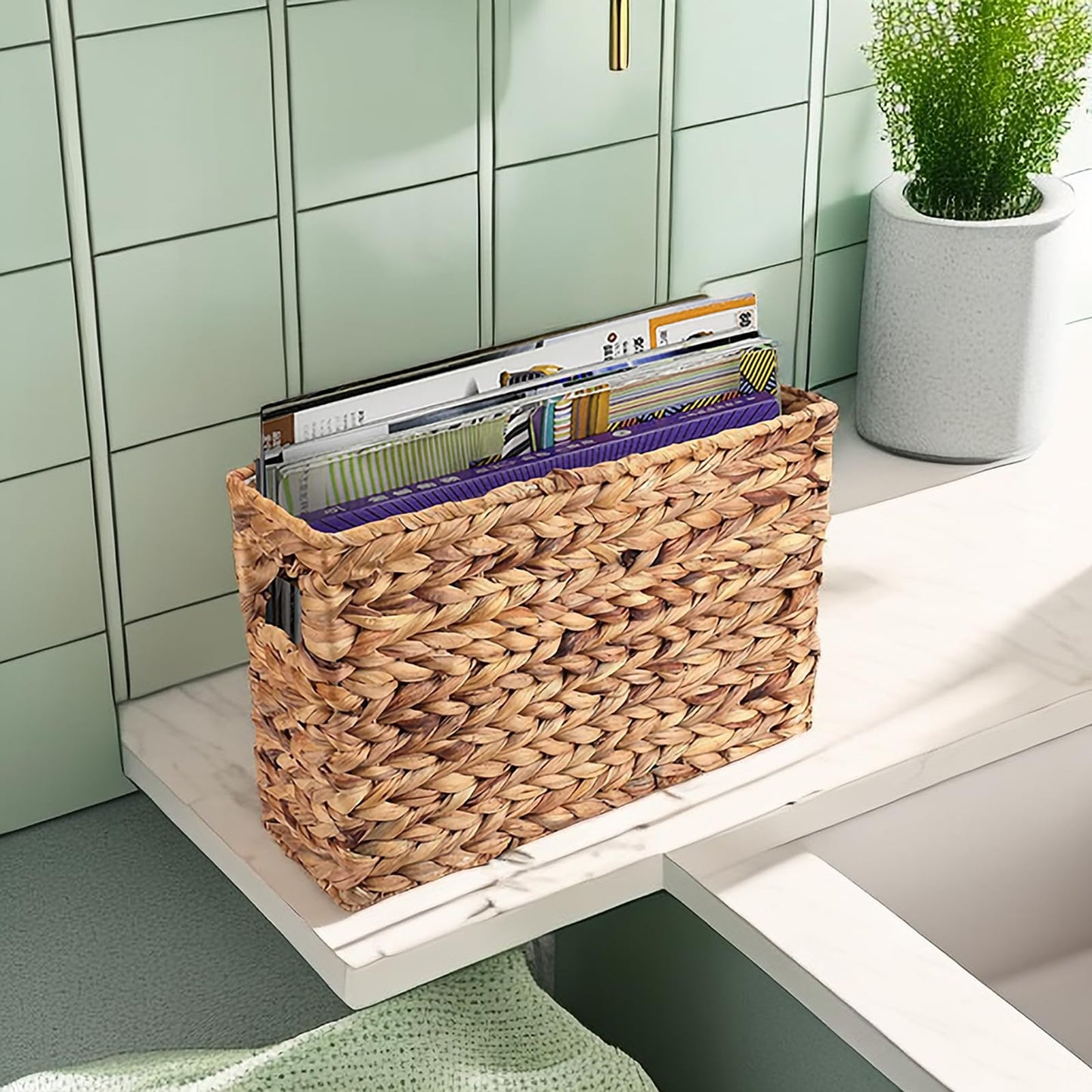 Yesland Hand-Woven Narrow Water Hyacinth Holder Wicker Basket, 15.5 x 5.5 x 9.75 Inch Decorative Magazine Storage Basket Bin for Home, Office, Desk