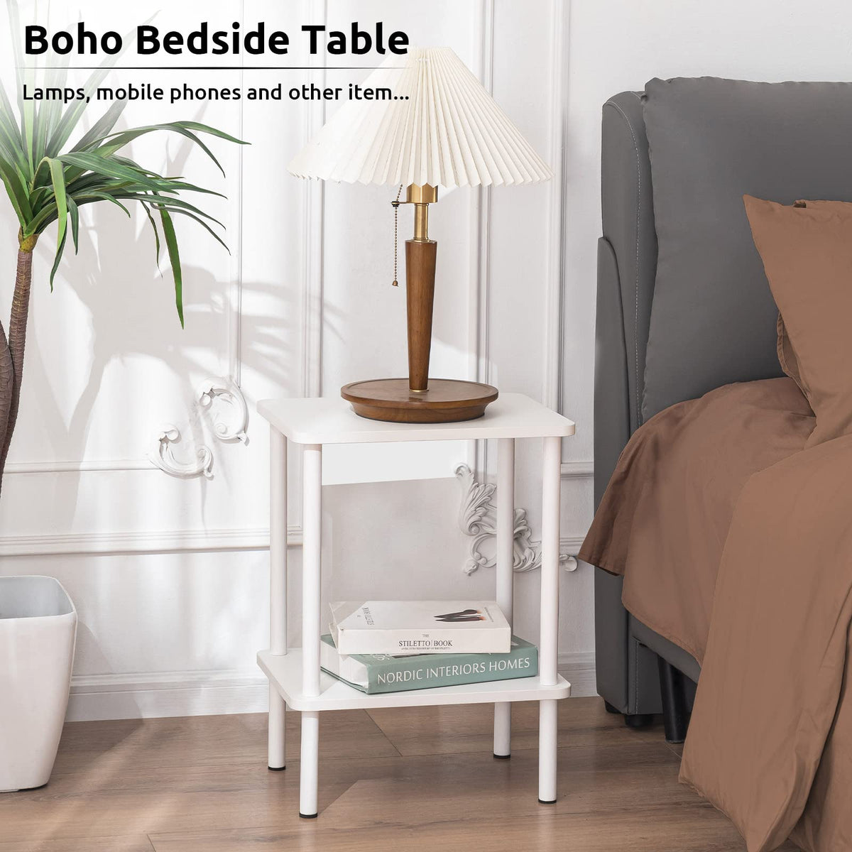 Apicizon 2 Tier End Table Set of 2, Boho Side Table with Storage Shelf, Nightstand Bedside Table for Small Spaces, Bedroom, Living Room, Entryway, Farmhouse, Easy Assembly, White