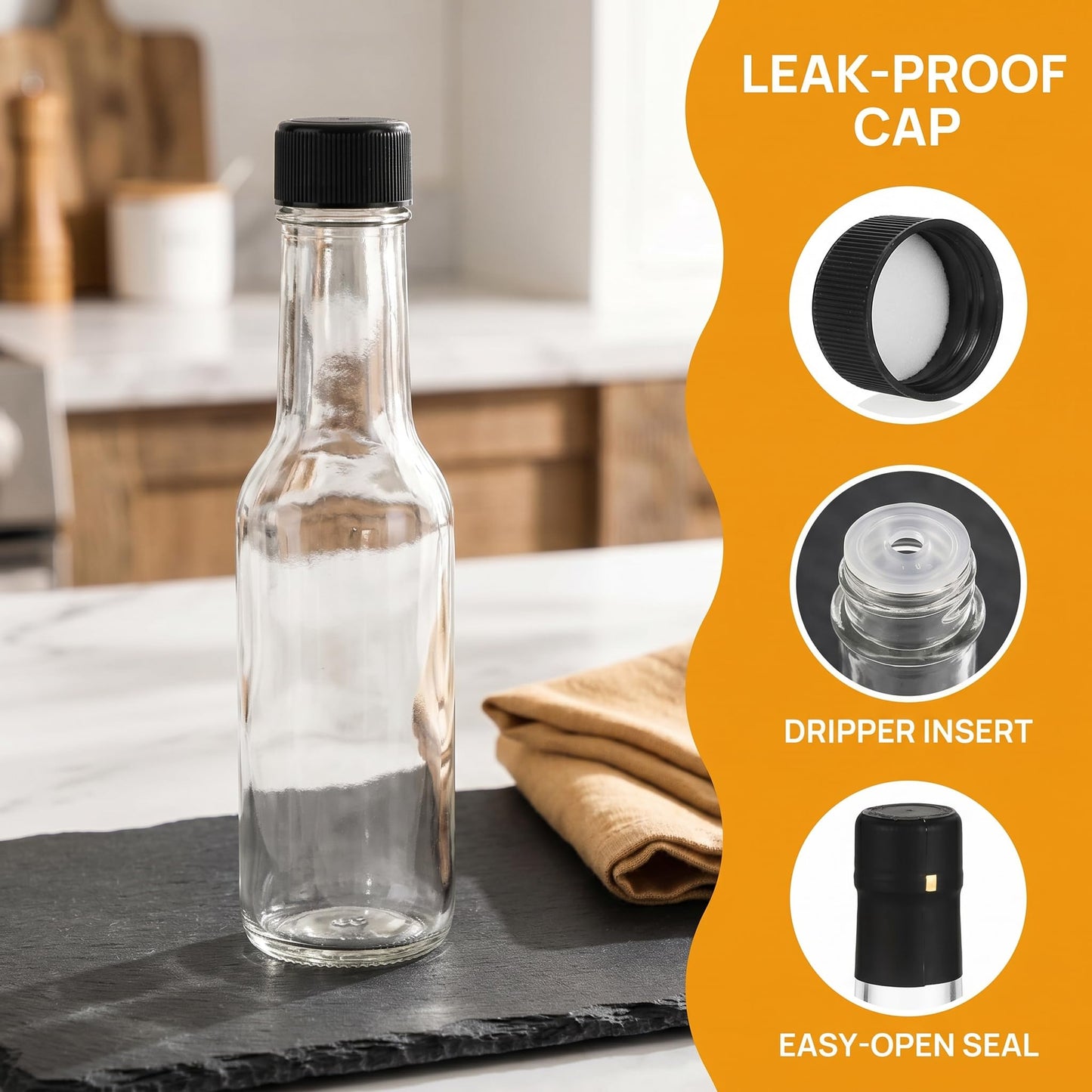 Cedilis 36 Pack Small Glass Bottle, 3oz/100ml Glass Woozy Bottle, Empty Mini Hot Sauce Bottles, Clear Liquor Wine Bottles with Shrink Capsule, Black Screw Caps, Dripper Insert