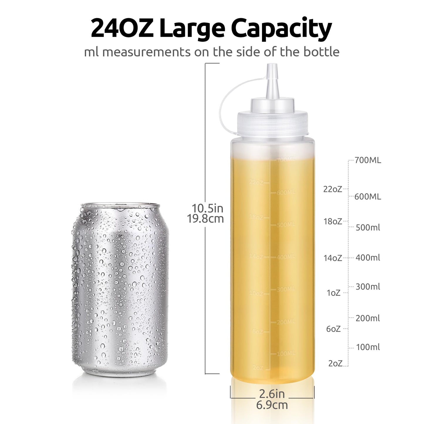 24 OZ Condiment Squeeze Bottles: U-Taste Sauce Bottles with Twist on Caps and Measurement, Leakproof Squirt Reusable Plastic Oil Container Dispenser for Ketchup, BBQ, Salad, Dressing (Pack of 6)