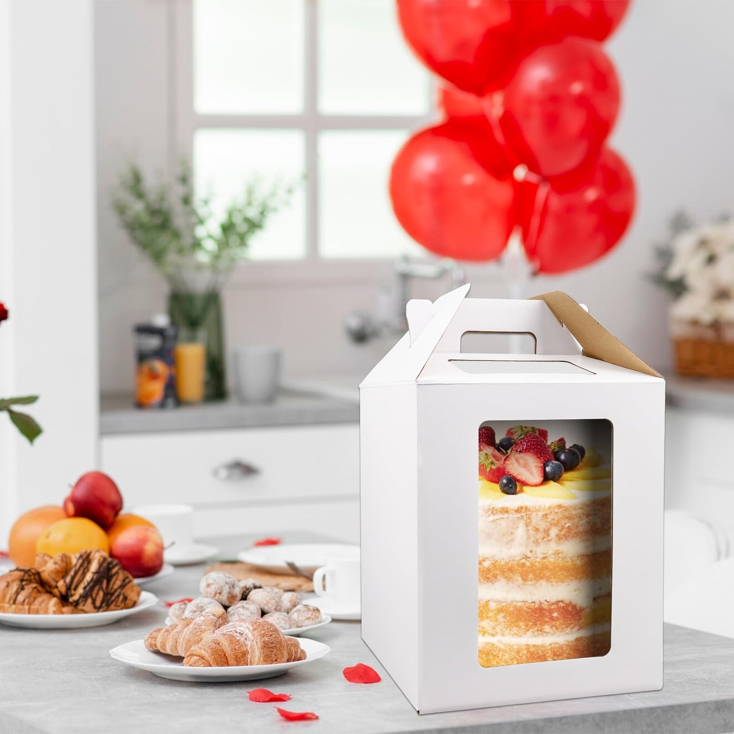 4 Pack Tall Cake Boxes with Windows, Large Tiered Cake Boxes 2 Sizes 10x10x12 & 12x12x14 Inch Tier Cake Carrier with 4 Cake Boards, Disposable Cake Containers (PACK 4)