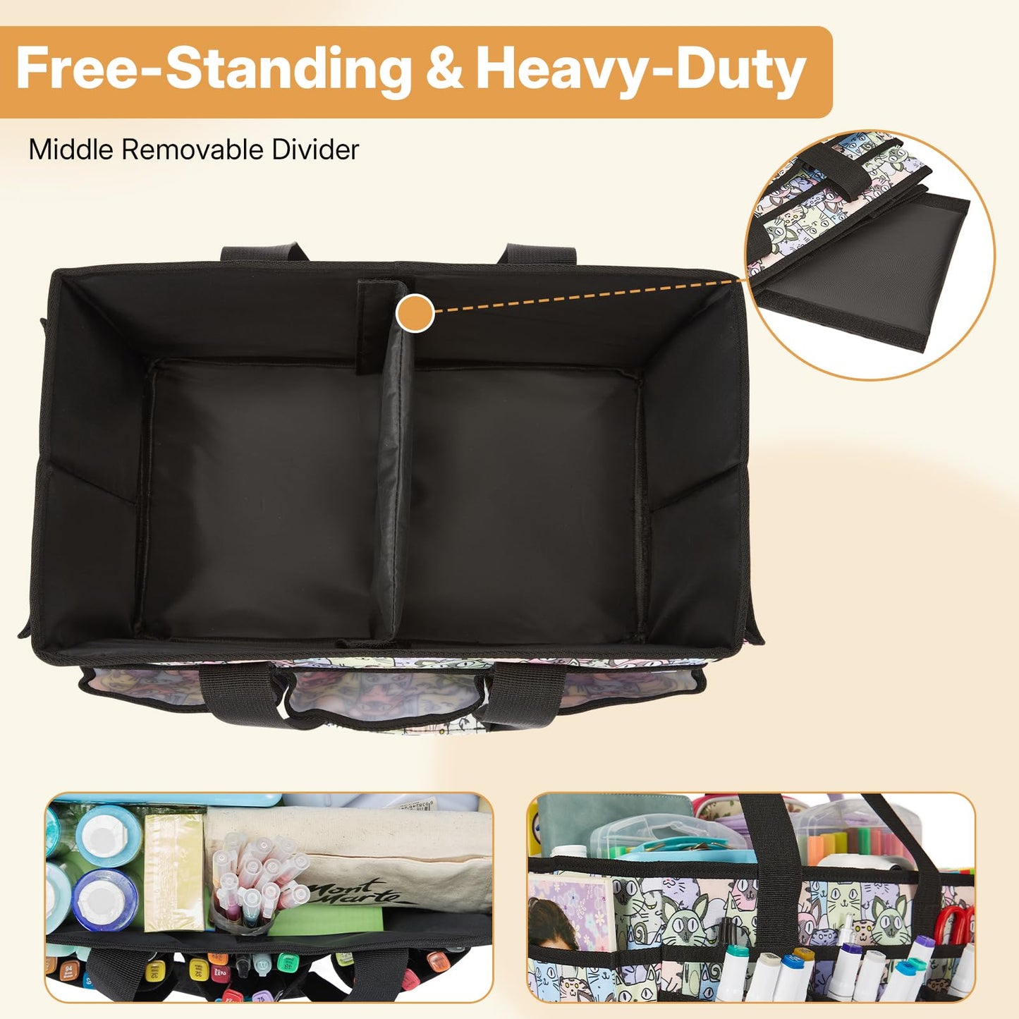 JOSIVIKY Craft Organizer Tote Bag, Art Caddy Bag with Multiple Pockets, Sewing Bags for Scrapbooking, School, Home and Office Supplies (Cat)