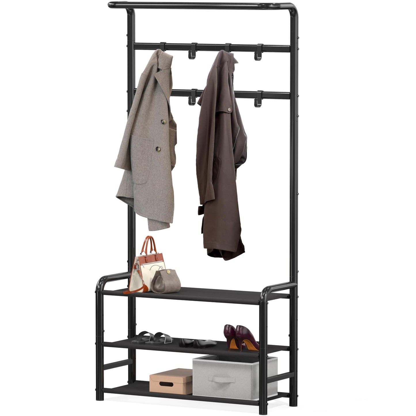 Simple Houseware Coat Rack with Storage Shelf, Hall Tree with Shoe Rack for Entryway, Black