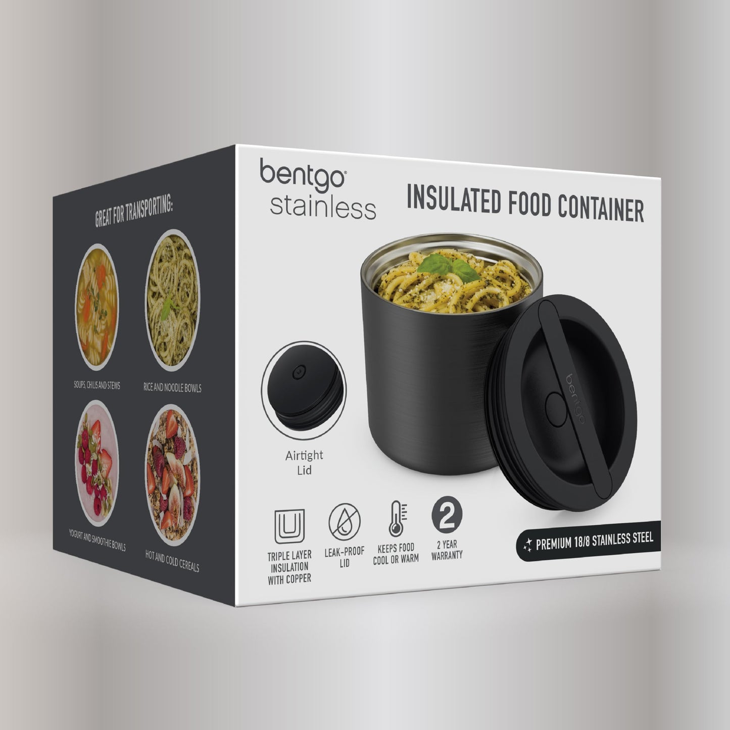 Bentgo Stainless Insulated Food Container - 2.4 Cups (19 oz), Triple-Layer Insulation, Vacuum Seal, Leak-Proof, Built-In Handle, Wide Opening, Premium Stainless Steel, for Cool/Warm Foods (Black)
