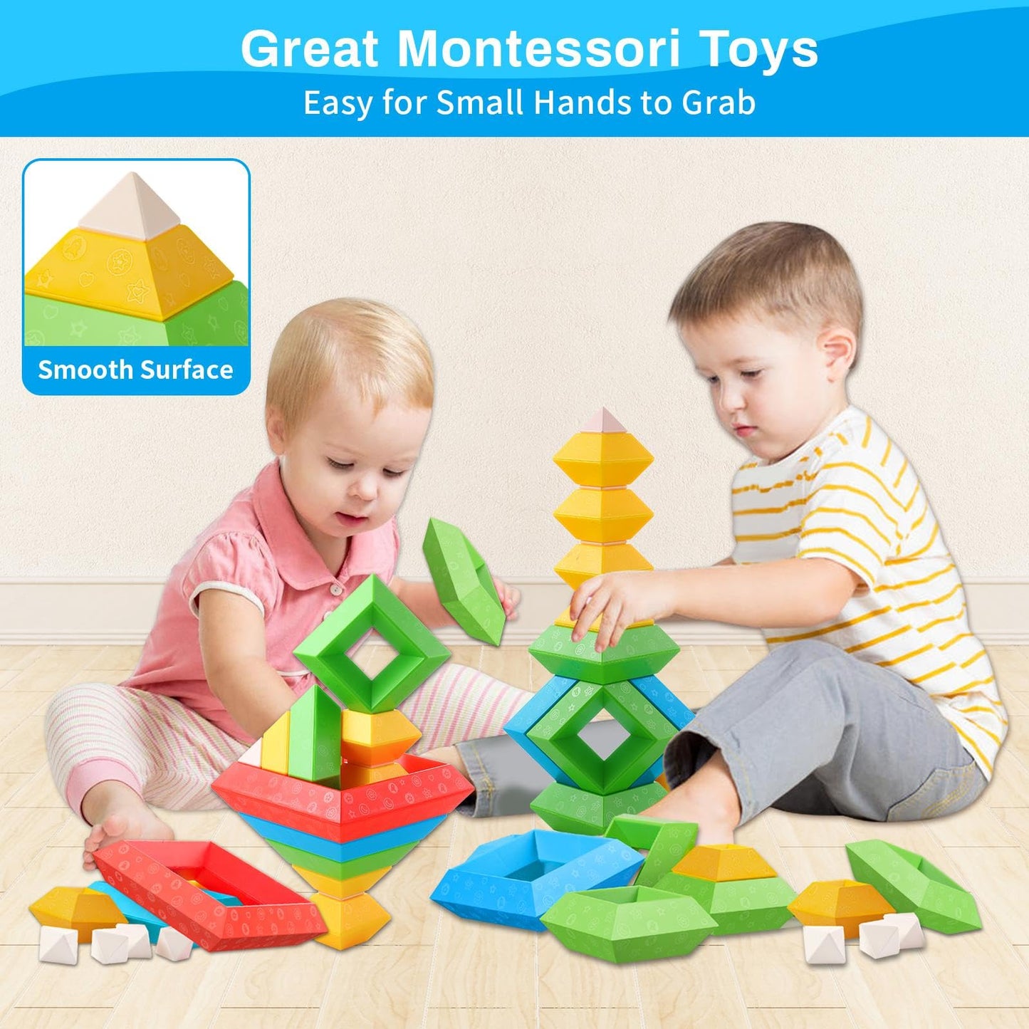 Montessori Toys for 3 4 5 Year Old Boy Girl 30Pcs Stacking Building Blocks Preschool Learning Activities STEM Manipulatives Toddler Toys Gifts for Kids