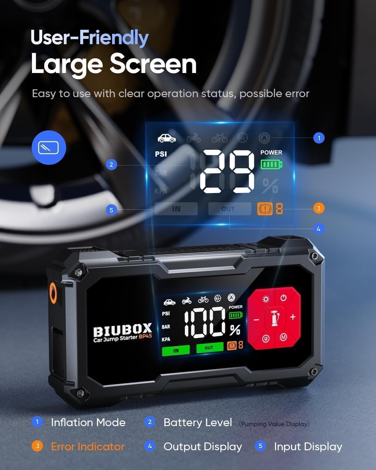 Car Battery Booster Pack Jump Starter with Air Compressor, BiuBox 7000A 150PSI Car Booster Battery Pack (All Gas/9L Diesel), 12V Portable Car Jump Starter with LED Display, 10 Protections, 500lm Light