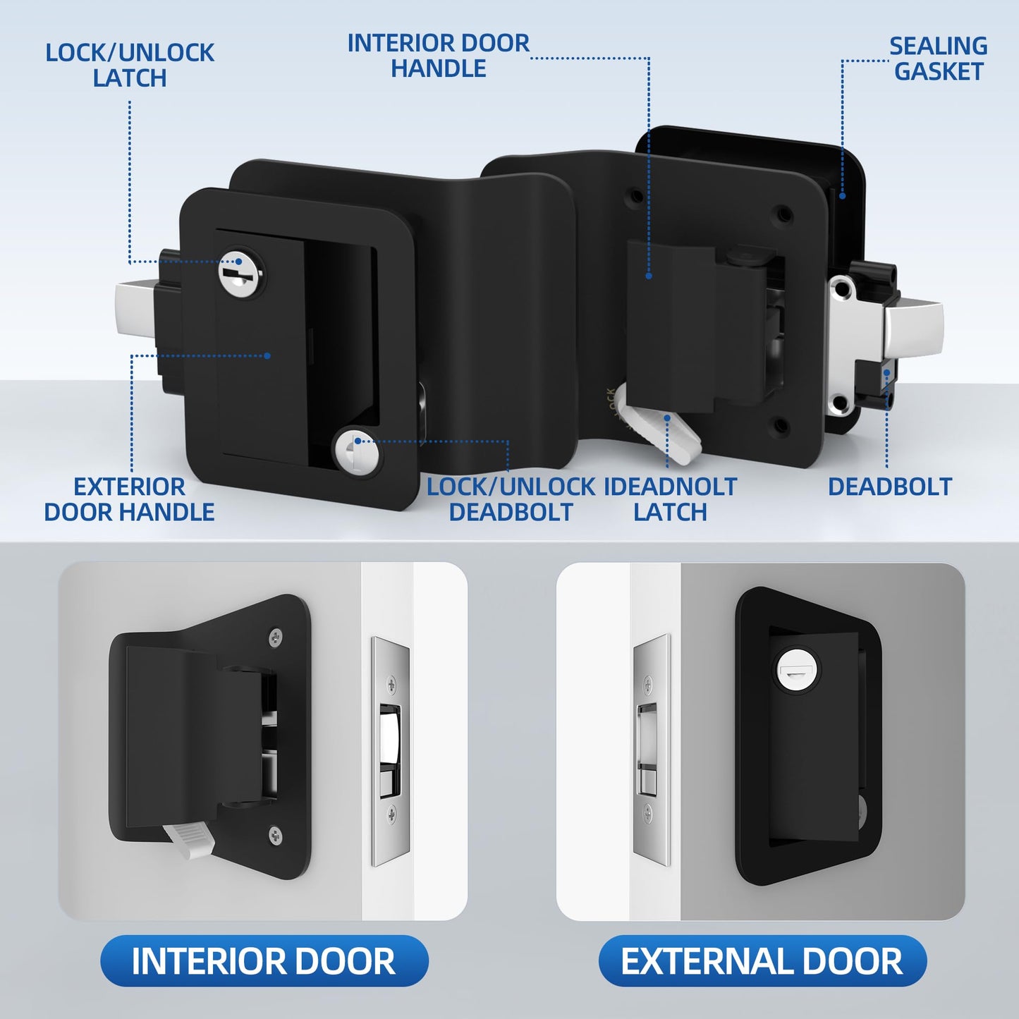 DaierTek RV Door Lock, Camper Entry Lock Replacement - 3.75"x2.75"x1.5" (HxWxD) Zinc Alloy Black Handle Latch for Class B RV, Travel Trailer - 2pcs