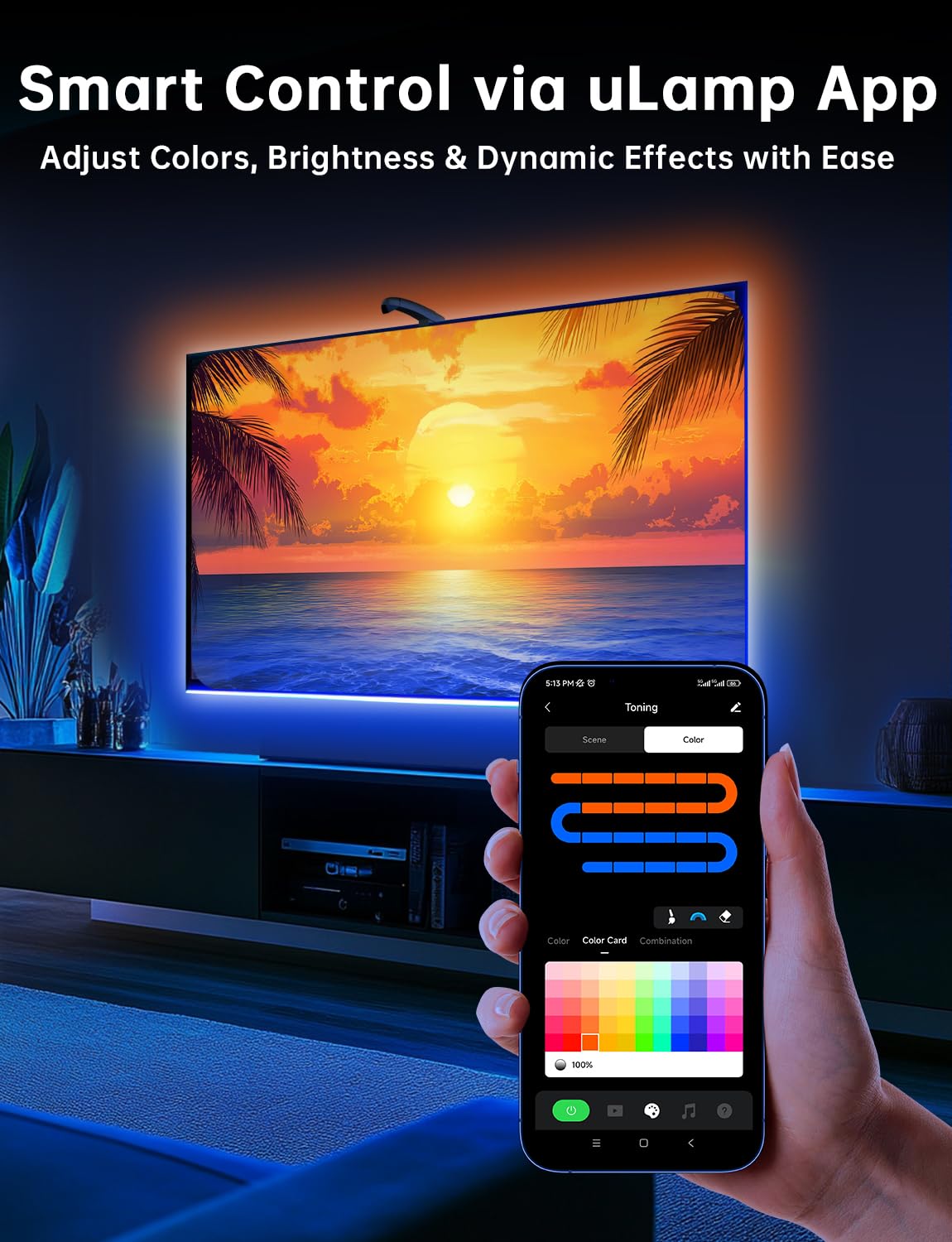 FFJ TV LED Backlight Strip, 14.7ft Cuttable TV Backlight Sync to 55-65 Inch TVs, TV Lights with Sensor, Smart App Control, Game & Music Sync Color Changing