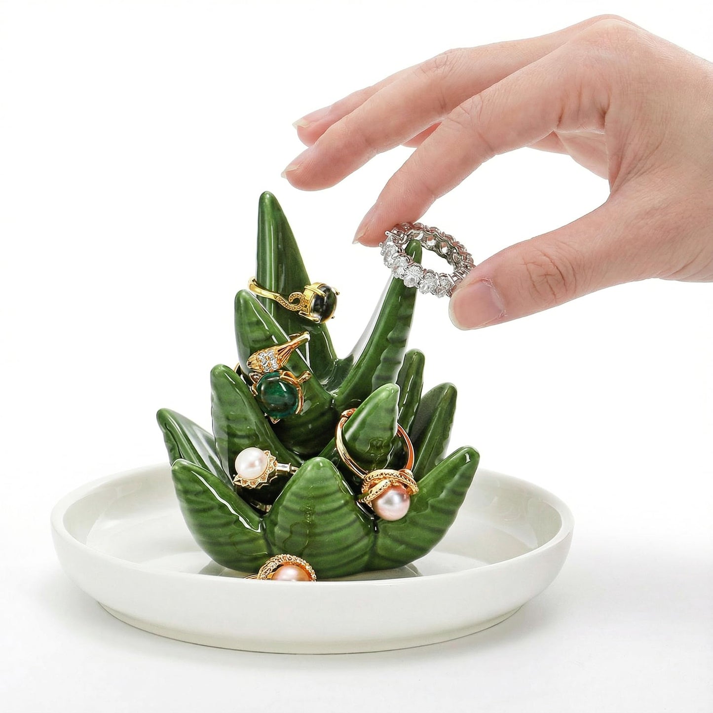 Elsjoy Set of 2 Aloe and Cactus Ring Holder Dish, Ceramic Plant Jewelry Dish Bracelet Earrings Necklace Organizer Tray, Decorative Succulent Trinket Dish for Wedding, Birthday Gifts, Home Decor