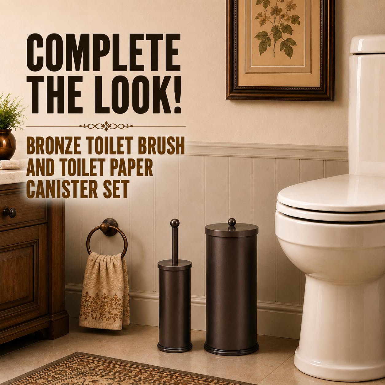 HUJI Rust Resistant Bronze Toilet Brush Holder with Lid Perfect Bathroom Bowl Cleaning Set Gift for House Warming or College Dorms Accessories (1, Bronze Toilet Brush)