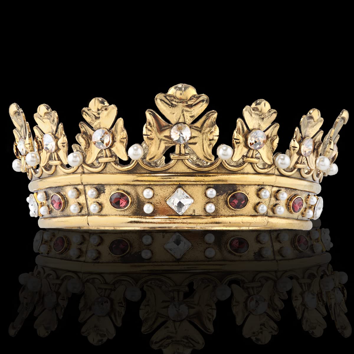 YADIRF Baroque Royal Crown Men's Metal Prince Hair Crown Full Circle Birthday Party Hair Accessories For Halloween Costume Party Prom, Large Size 7.28" Diameter, Pearl, Rhinestone, Alloy