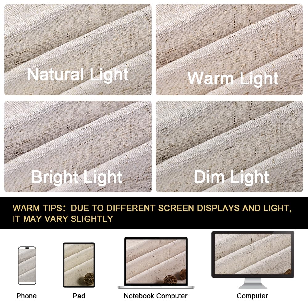 PrinceDeco Natural Linen Curtains 100% Blackout Linen Curtains for Bedroom Full Blackout Curtains 84 Inches Long Living Room Thermal Insulated Light Blocking Curtain Drapes White Backing, 2 Panels