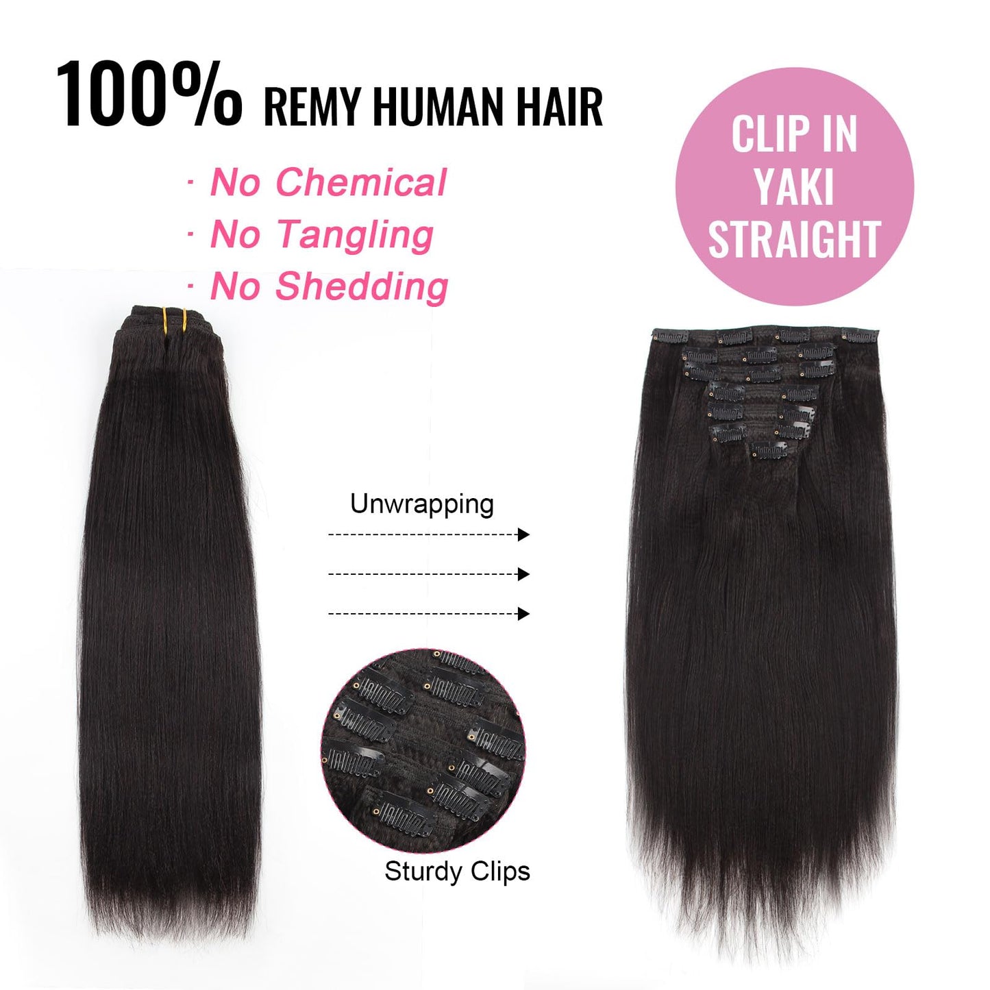 ABH AmazingBeauty Hair Yaki Straight Clip in Hair Extensions Real Remy Thick Natural Black for African American Relax Hair 7 Pieces 120 Gram Per Set, 16 Inch