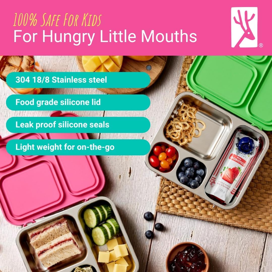 Elk and Friends Kids Stainless Steel Bento Box with Silicone Lid | Leak-Proof | Toddler Lunch Container | 4 Compartments | Dishwasher Safe