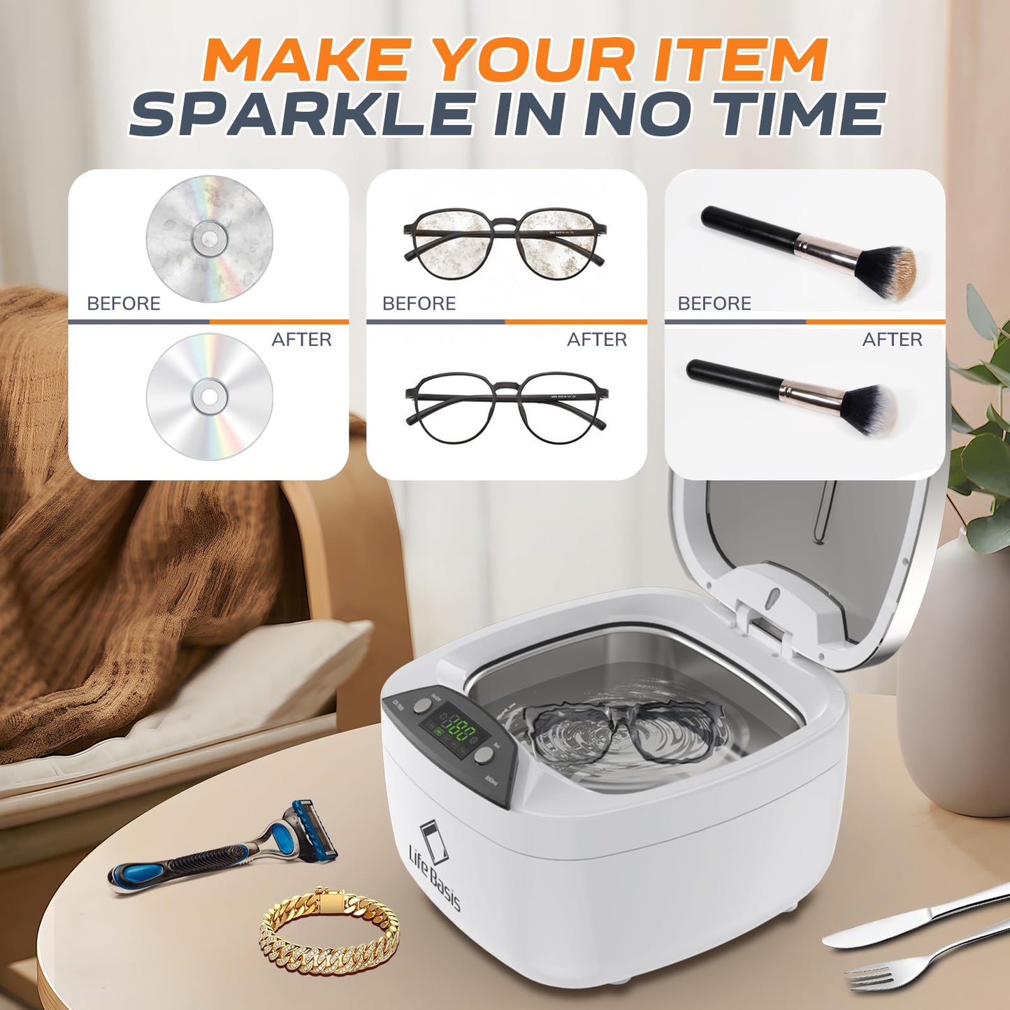 Ultrasonic Jewelry Cleaner Life Basis Ultrasonic Cleaner Machine 850ml (28 Ounces) LCD Screen with 5 Digital Timer Watch Stand CD Holder for Jewelry CD DVD Watches Glasses Makeup Brush
