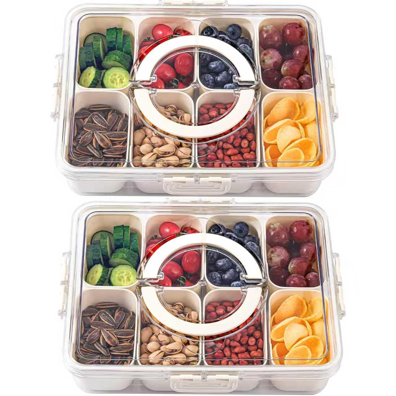 shopwithgreen 8 Compartment Snack Box Container, Divided Serving Tray with Lid and Handle, Portable Snackle Box for Veggies, Fruit, Nuts, Candy (2 Pack)