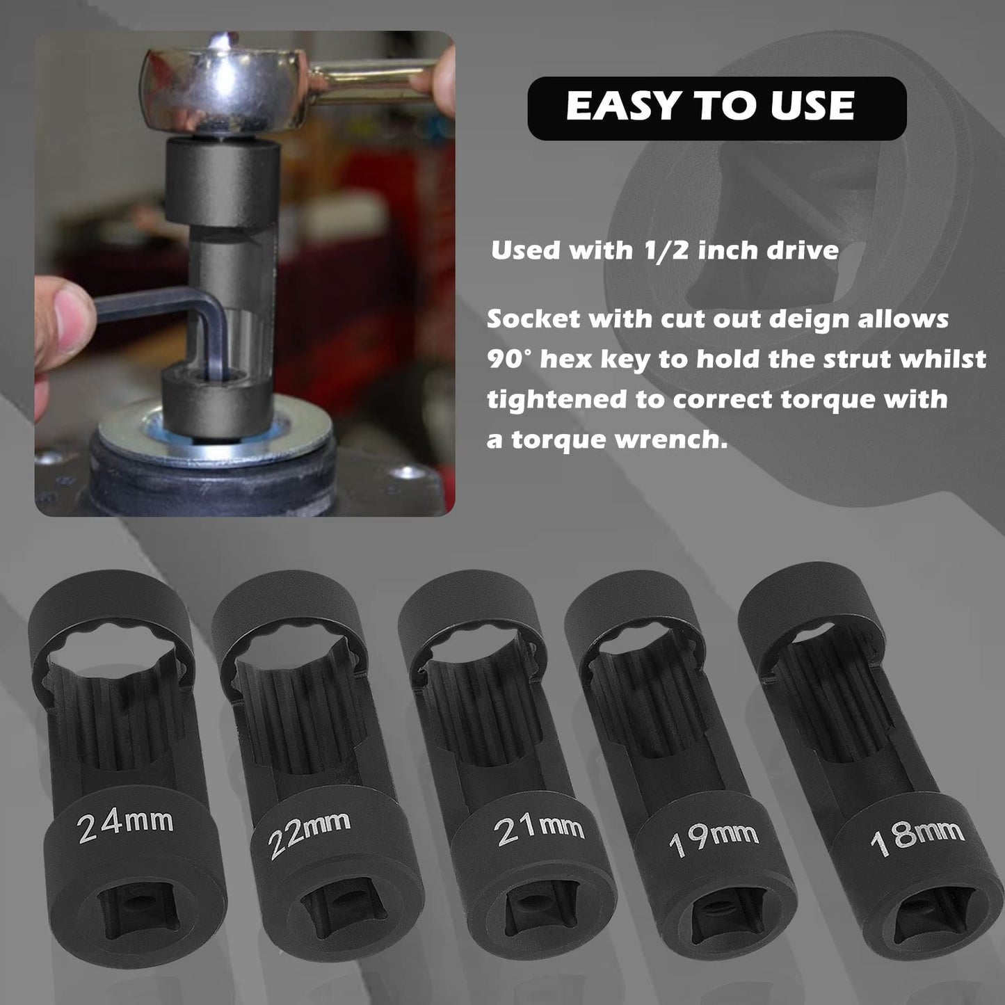 5pcs Strut Nut Socket 18mm 19mm 21mm 22mm 24mm with 12 Point 1/2" Drive, Suspension Strut Nut Socket Tool Easy Remove Strut Nuts