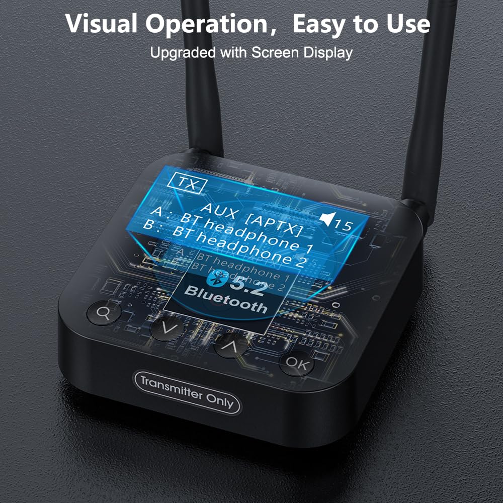 1Mii B06TX+ Long Range Bluetooth 5.2 Transmitter for TV/PC/Projector to 2 Wireless Headphones/Speakers, Bluetooth Adapter for TV w/Screen Display Plug n Play, aptX Low Latency & HD Audio