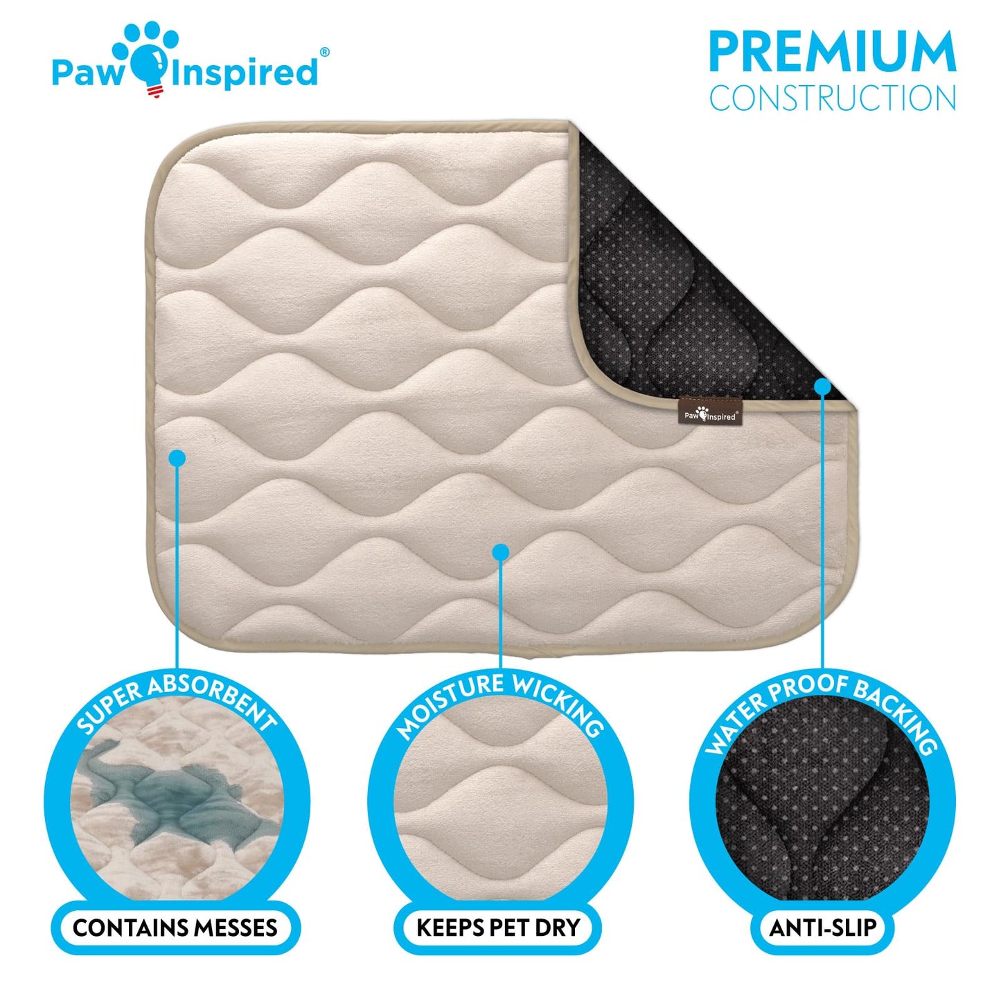 Paw Inspired Washable Padded Crate Mats for Dogs | 23” x 17” Size, Fits 24-inch Kennels | Leakproof, Reusable Plush Pet Pads (Tan)