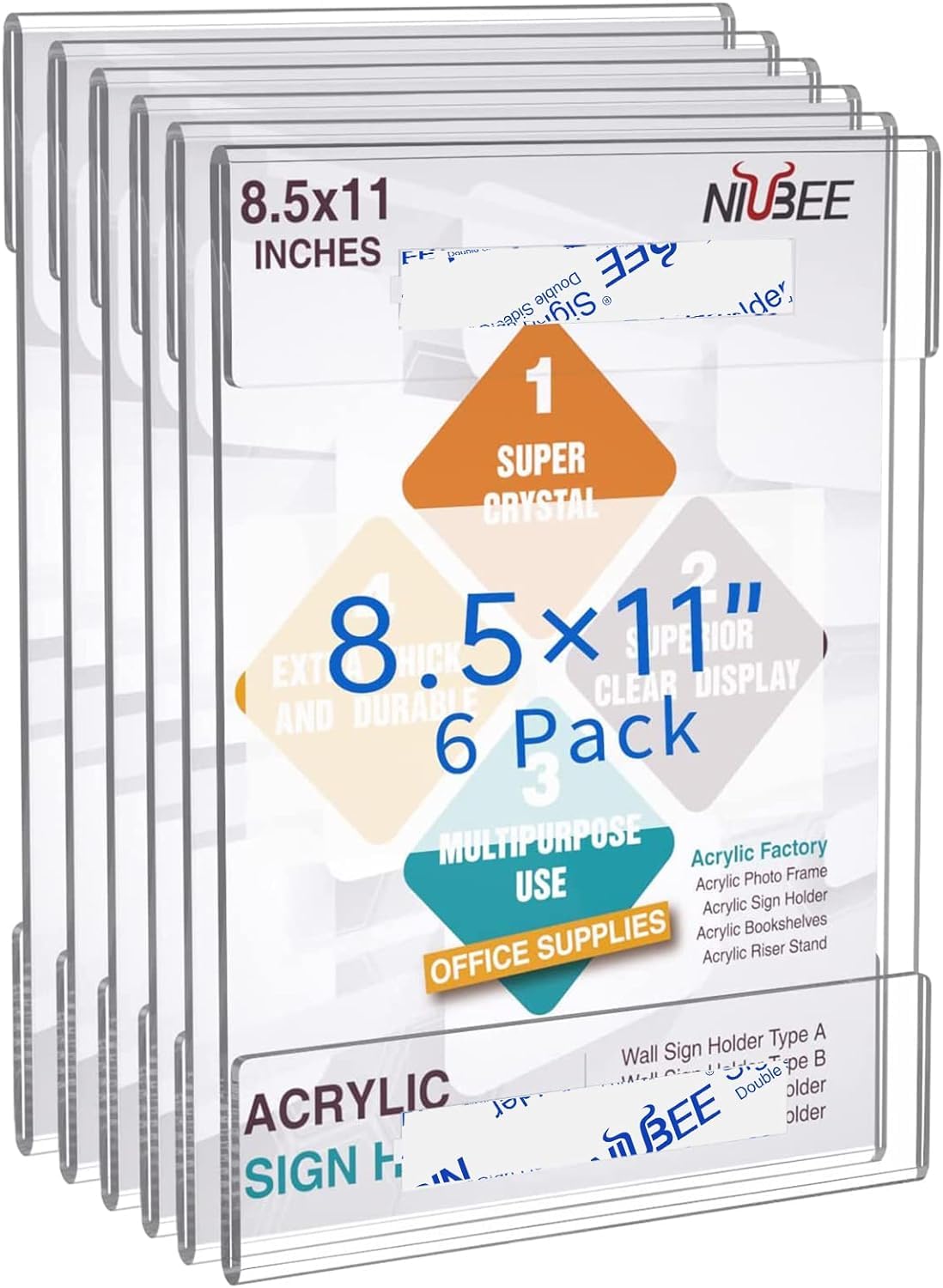 NIUBEE 8.5x11 inch Wall Mount Acrylic Sign Holder with Adhesive For Office, Home, Store, Restaurant-No Drilling (6 Pack)