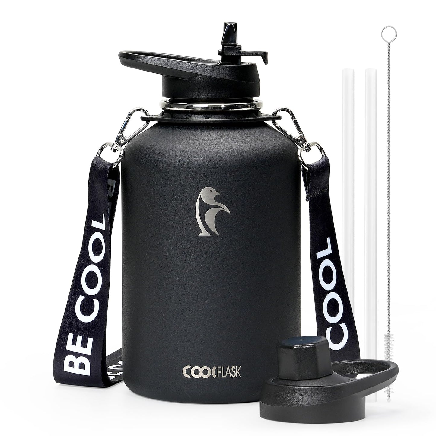 Coolflask Insulated Water Bottle 1893 ml with Strap, Stainless Steel Water Jug with Straw and Spout Lid, Large Metal Water Bottle, Leak-proof and BPA-Free, Black