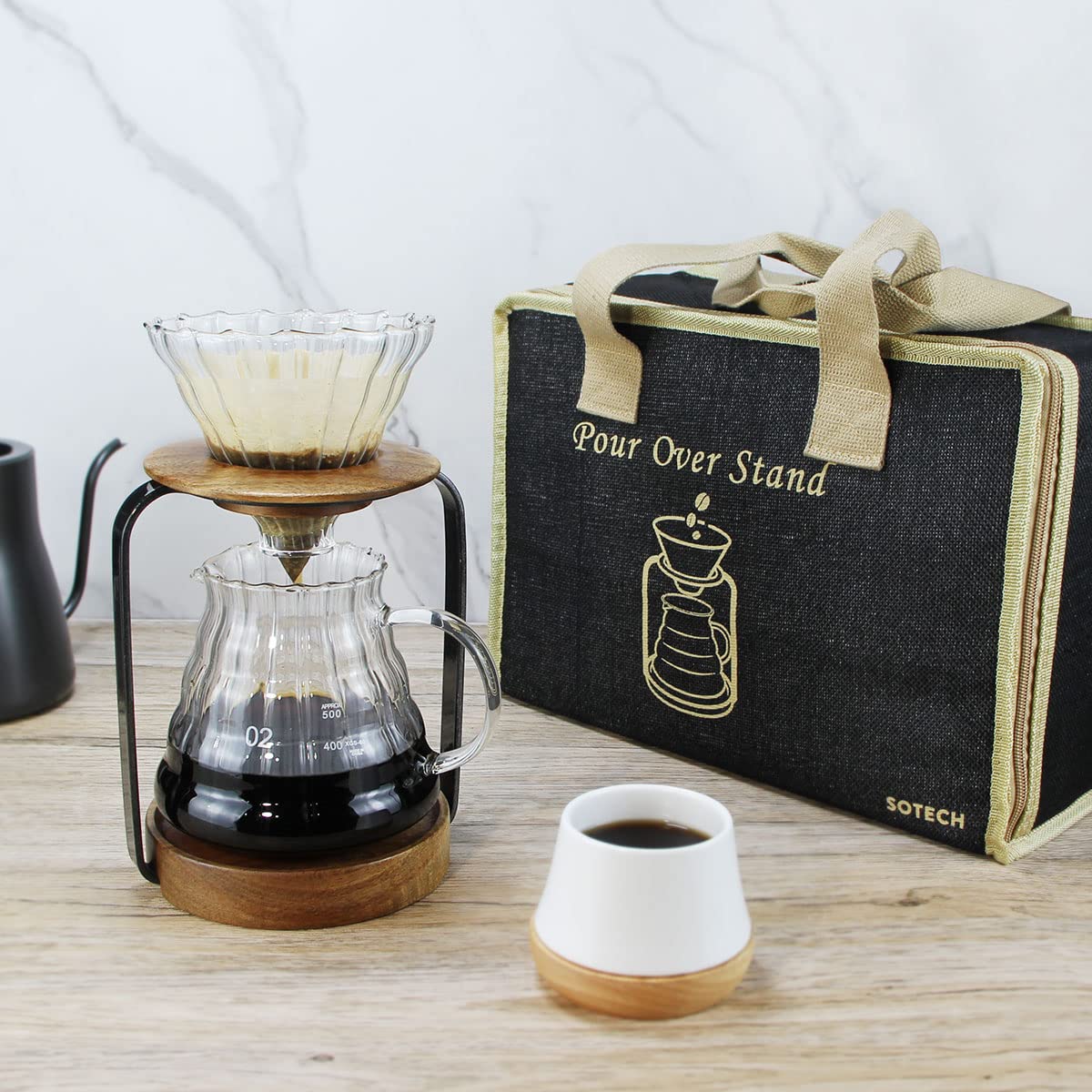 SOTECH Pour Over Coffee Station Dripper Stand Coffee Filter Wooden Filter Holder Glass Server with Paper Coffee Filters, Coffee Maker Stand Set