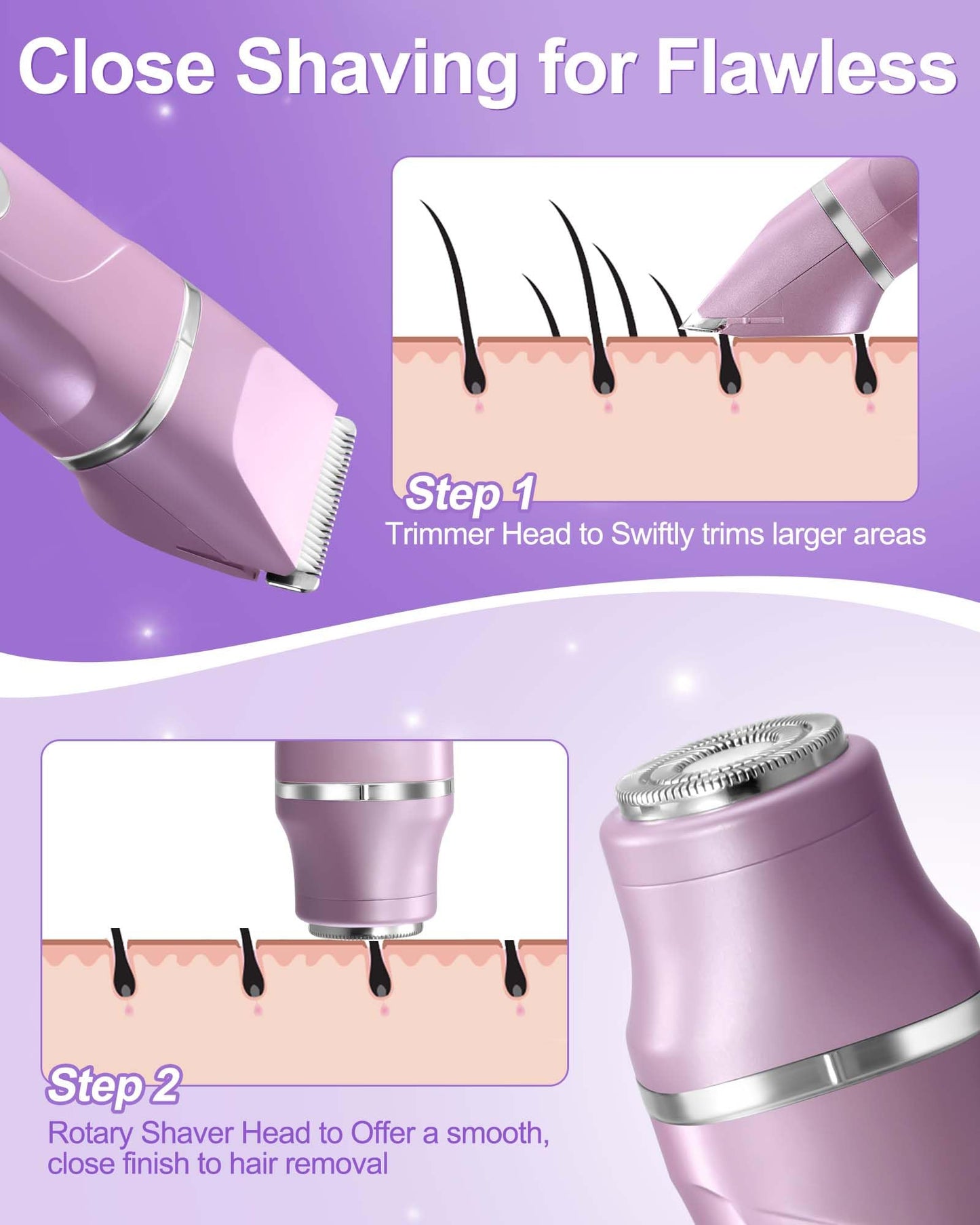 Bikini Trimmer Women,2 in 1 Painless Electric Razor and Facial Hair Remover, Body Groomer IPX7 Waterproof Wet/Dry Cordless Electric Shaver for Face Body Leg Bikini Underarm Arm（Lavender Purple）