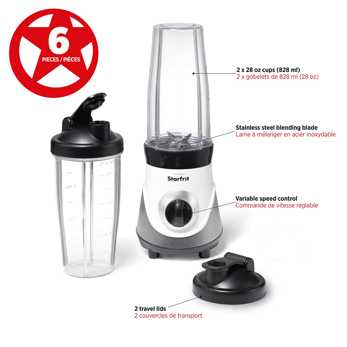 Starfrit Personal Blender 6PC Set, 300W, 2 To-Go Cups, BPA-Free