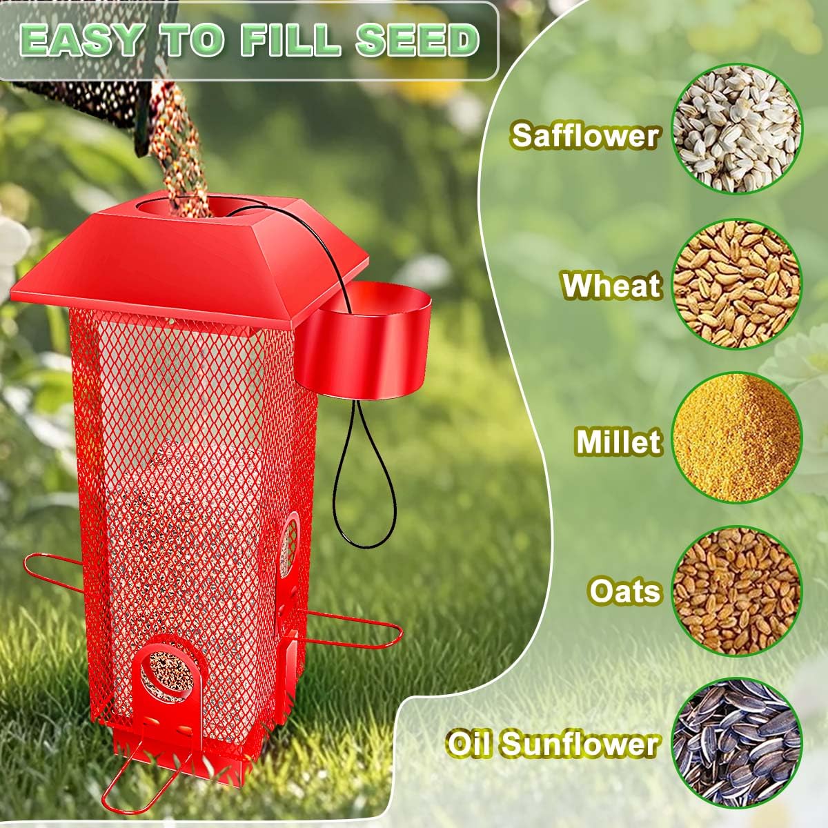 Squirrel Proof Bird Feeder,2.5Lbs Bird Feeders for Outdoors Hanging, Metal Birds Feeder with 4 Feeding Ports, Wild Birds Feeder for Cardinal, Finch, Sparrow (Red)