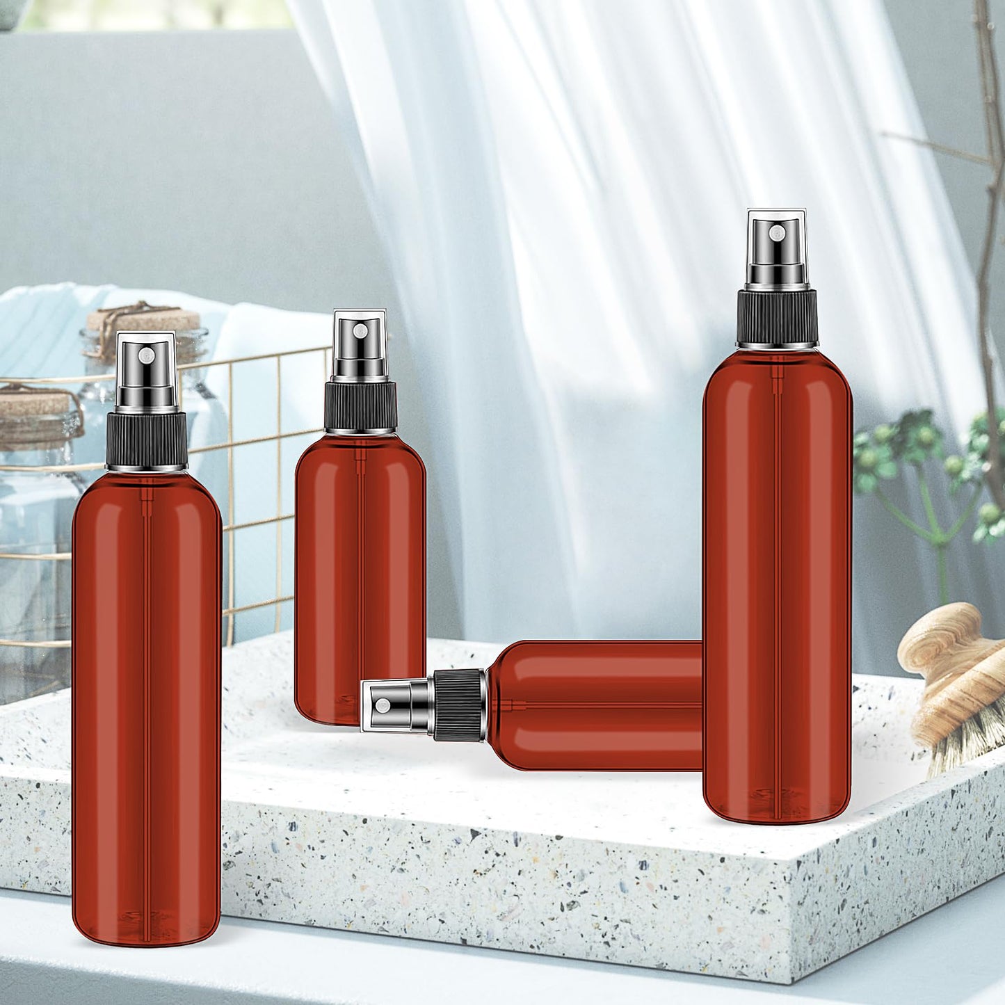 100 Pack Amber Small Spray Bottles, Plastic Fine Mist Cosmetic Spray Bottles, Refillable Liquid Containers for Essential Oils, Perfumes, Cleaning (50Pcs 2oz/ 50Pcs 4oz)