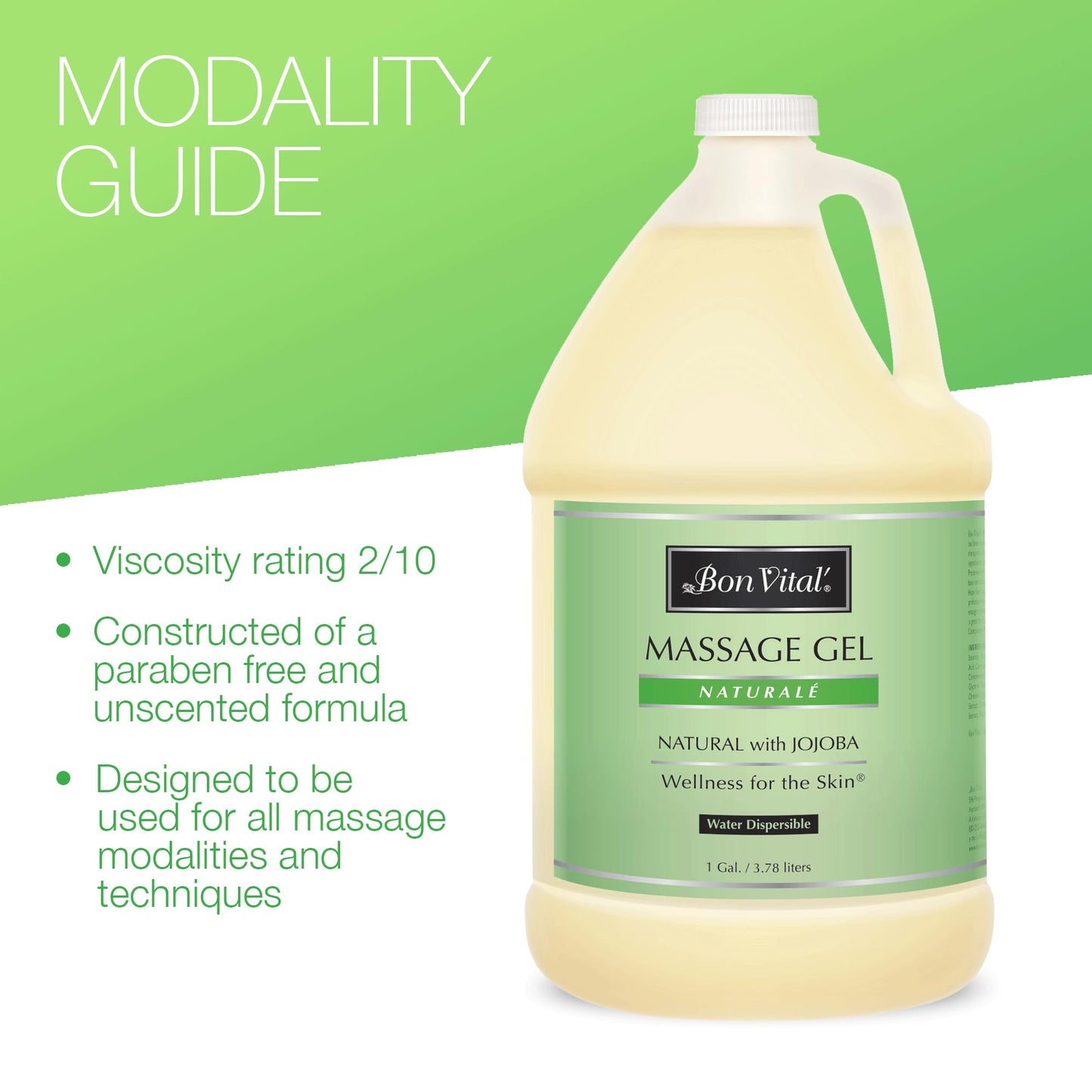 Bon Vital BVNATG1G Naturale Massage Gel for Earth-Friendly & Relaxing Massage, Hypoallergenic Gel for Sensitive Skin, 1 Gallon Bottle