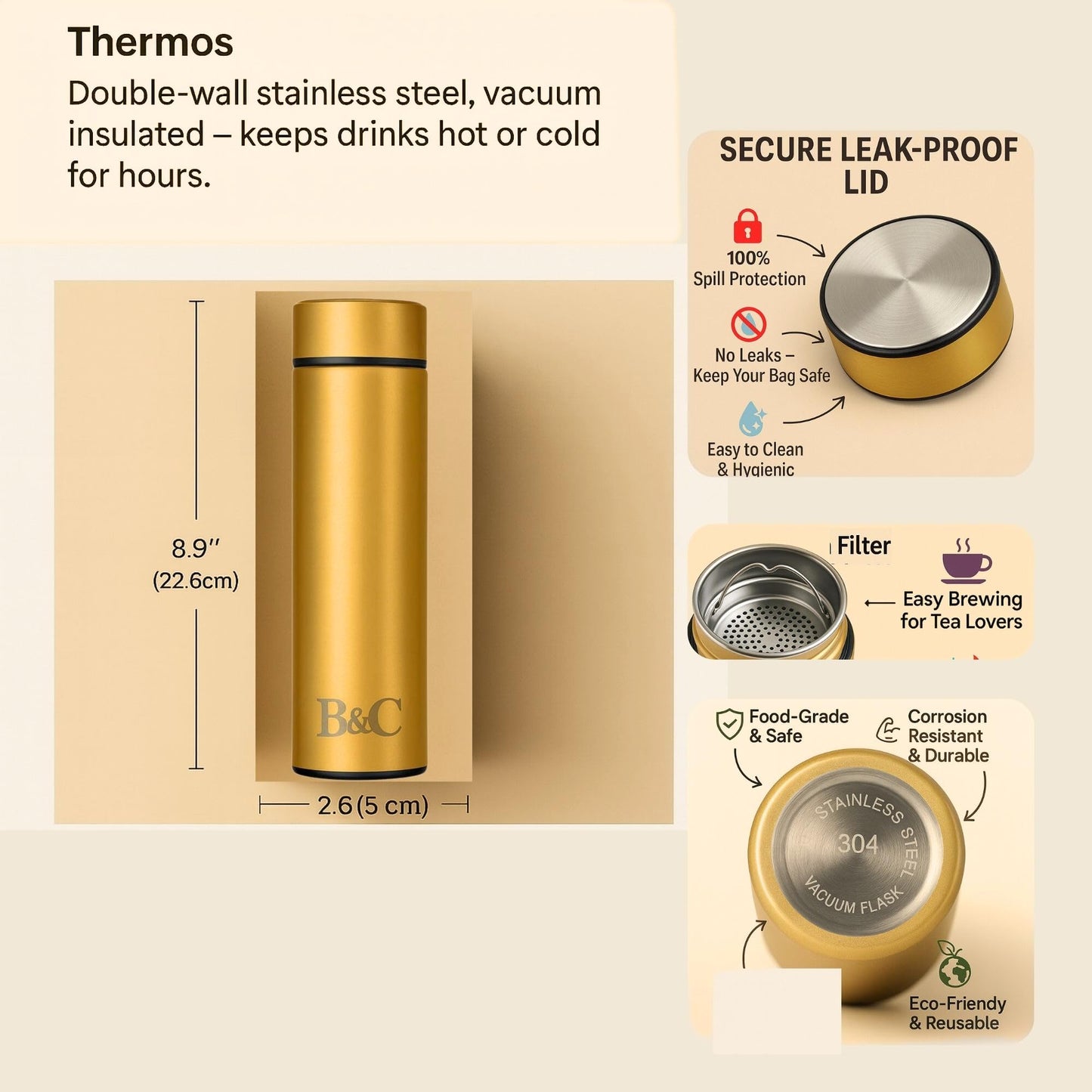 Brindle & Craft 6-Piece Executive Office Gift Set – Gold Desk Accessories with Refillable A5 Vegan Leather Notebook, Insulated Stainless Steel Tumbler, Metal Pen, 16GB USB, Card Holder & Keychain – Professional Corporate Box