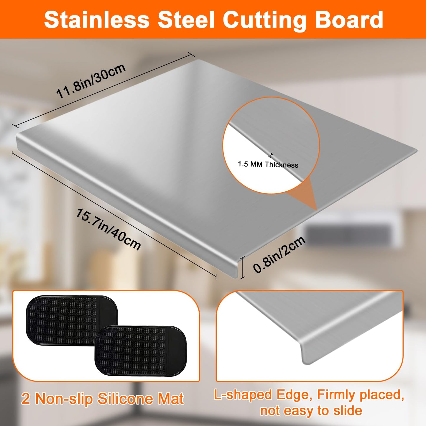 Stainless Steel Cutting Board with 2 Pack Non-Slip Mats, Yoposeo Heavy Duty Baking Cutting Chopping Boards for Kitchen, Meat, Fruits, Vegetables, Bread and Baking (15.7" X 11.8"/ 40 X 30cm)