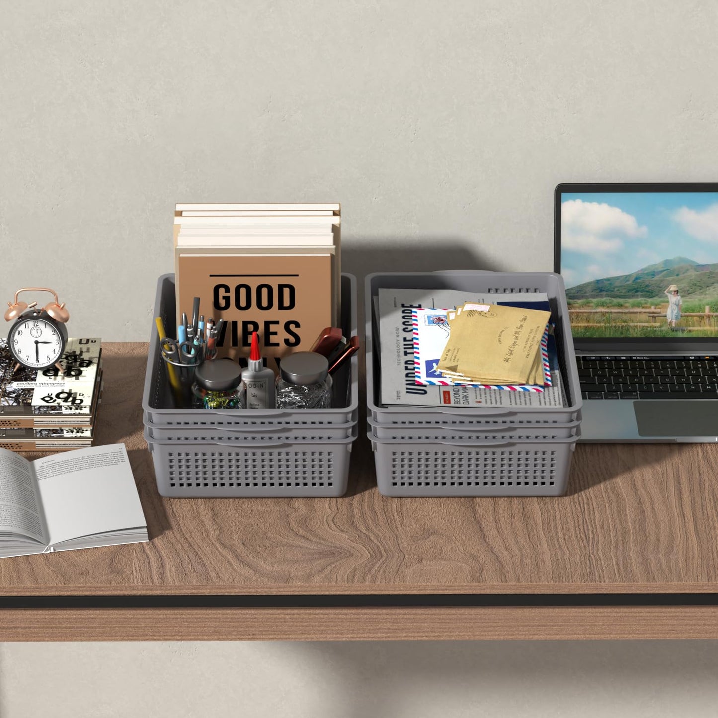 Nicesh A4 Size Plastic Basket, Desktop File Storage Organization Tray, Set of 6 (Grey)