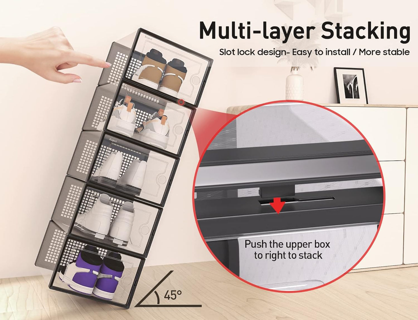 Kuject XX-Large Shoe Storage Boxes Organizers Fit Up to Size 14, Clear Plastic Stackable 12 Pack, Shoe Rack & Holder Substitute, Sneaker Containers, Toy Storage Bins for Entryway, Closet, Black