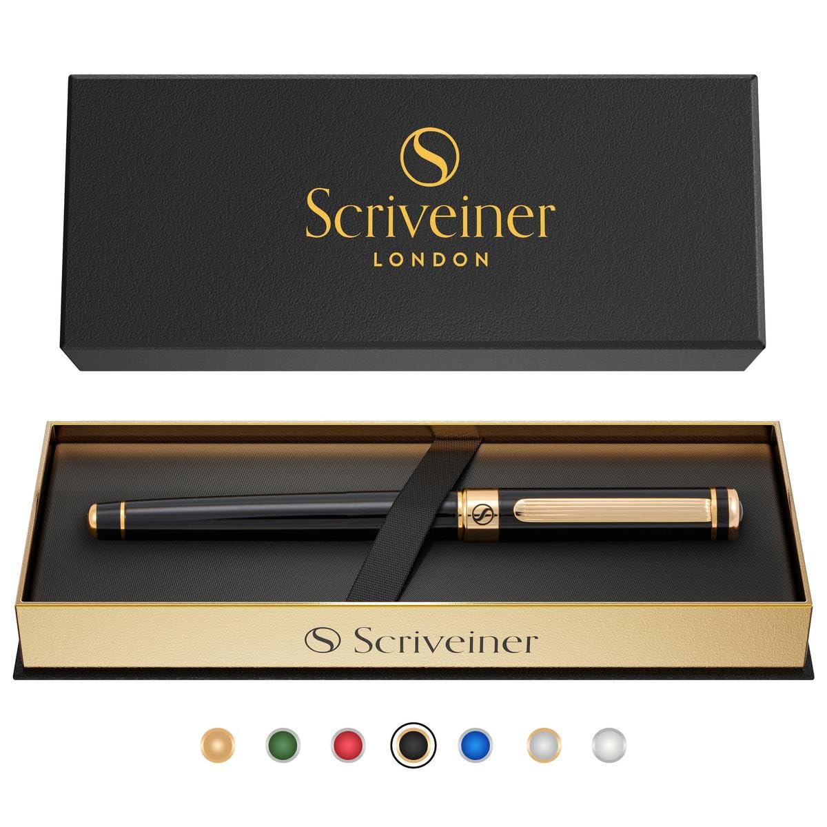 Scriveiner Black Lacquer Rollerball Pen - Stunning Luxury Pen, Real Gold Plating, Schmidt Ink Refill, Best Roller Ball Pen Gift Set for Men & Women, Professional, Executive Office, Nice Pens