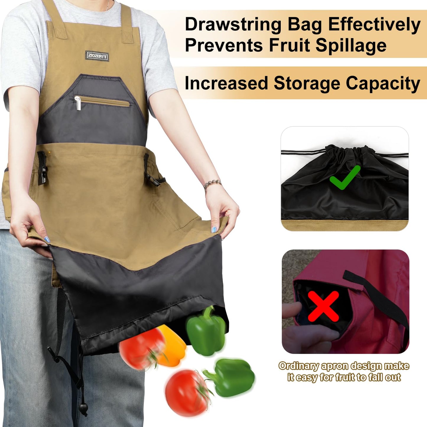 Garden Apron,Harvest Apron with Drawstring Bag and Pockets for Women and Men,Canvas Gardening Tool Belt, Gardening Gifts for Mom,Dad,Brown