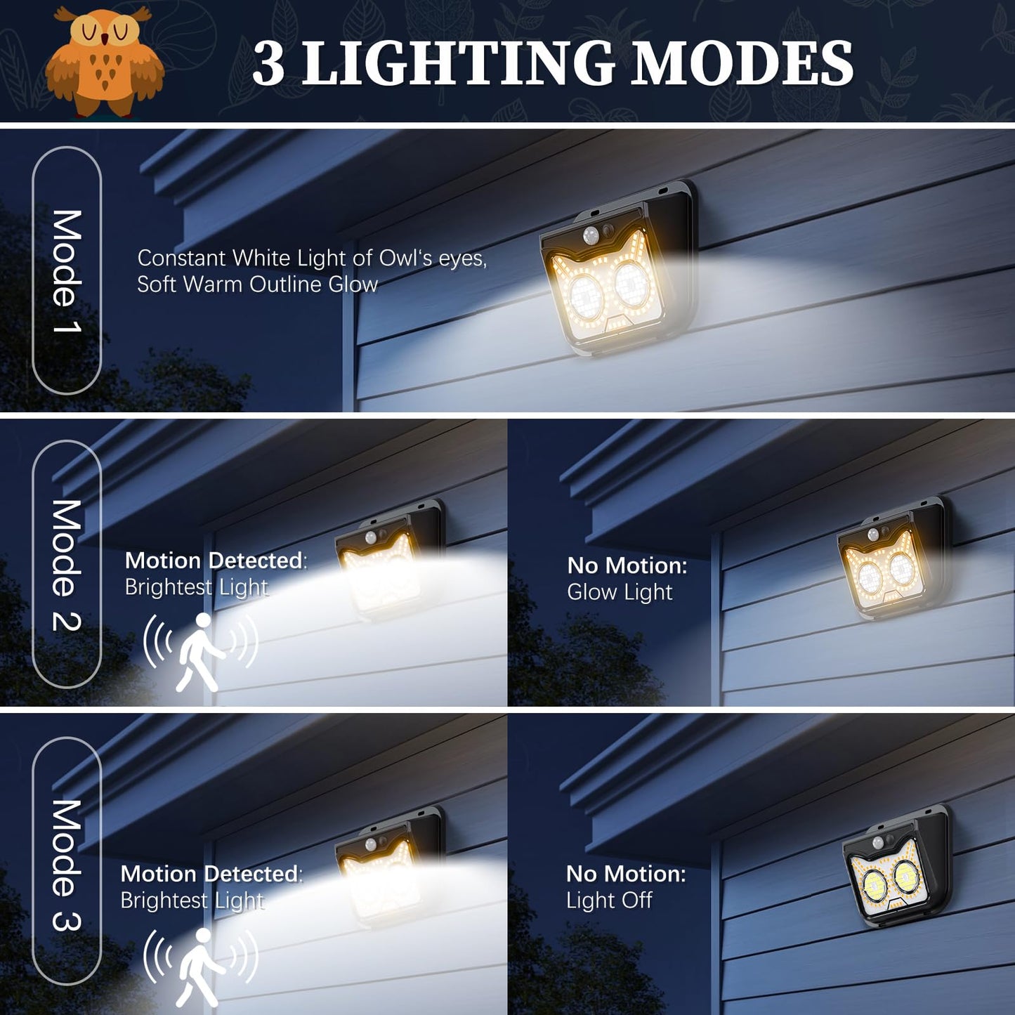 Solar Motion Sensor Lights Outdoor, Owl Shaped Warm White Waterproof Solar Powered Wall Lights, 3 Lighting Modes Security Flood Lights for Outside Deck, Fence, Yard, Garden, Step, Porch, Door -6 Pack