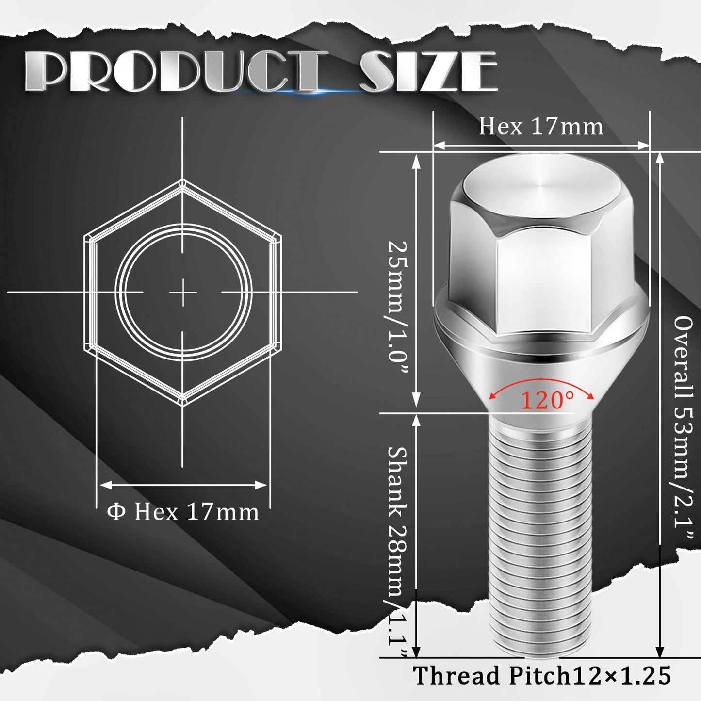 M12x1.25 Wheel Lug Bolts 17mm Hex, Lug Nuts with 28mm Shank Length Compatible with 2013-16 Dodge Dart/2016+ Jeep Cherokee/2015-17 Chrysler 200 (20 Pack)
